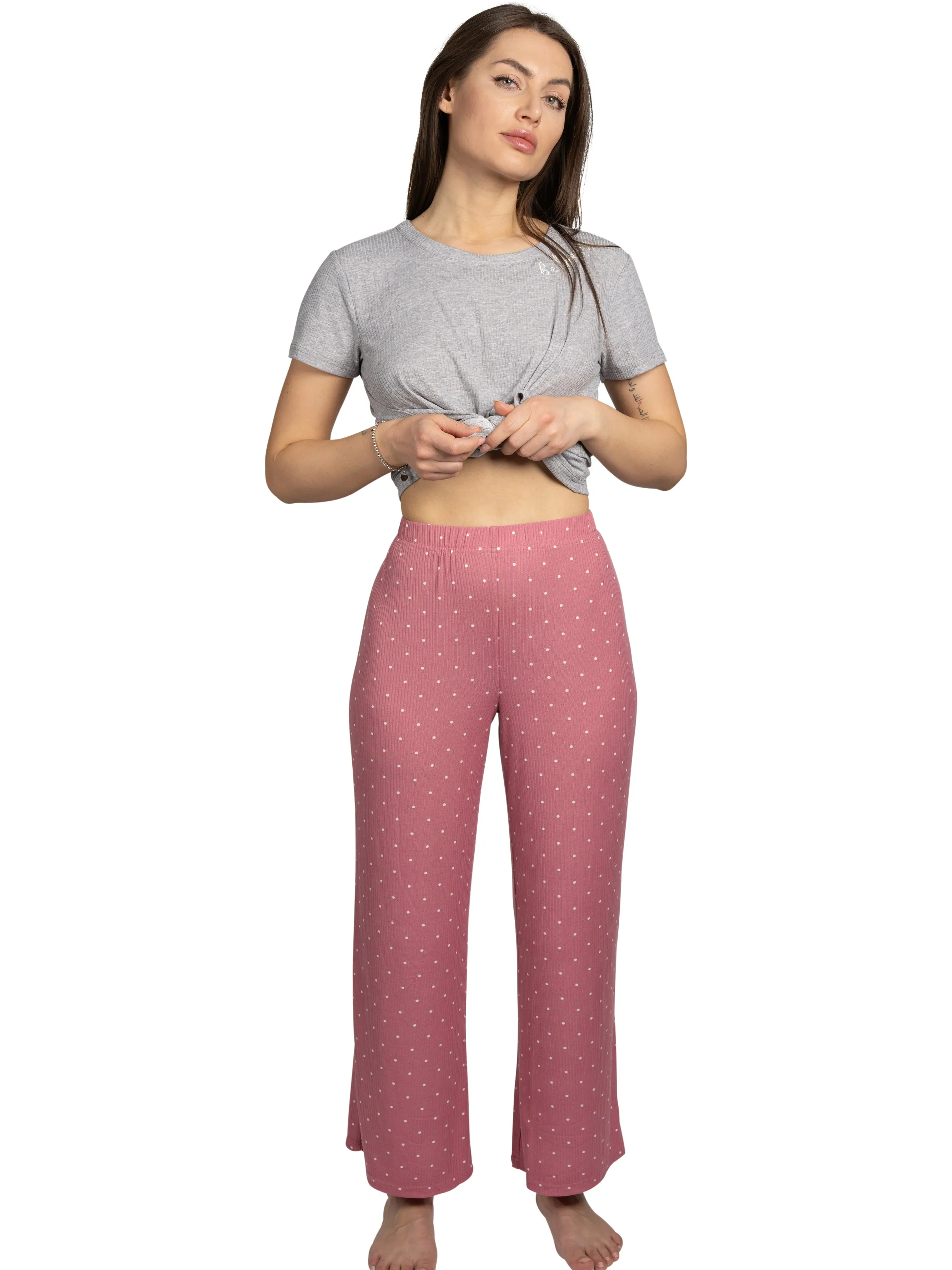 Women's "BE HAPPY" 2-Piece Short Sleeve Top and Wide Leg Ribbed Pants Pajama Set sold by Rae Dunn product image thumbnail 3