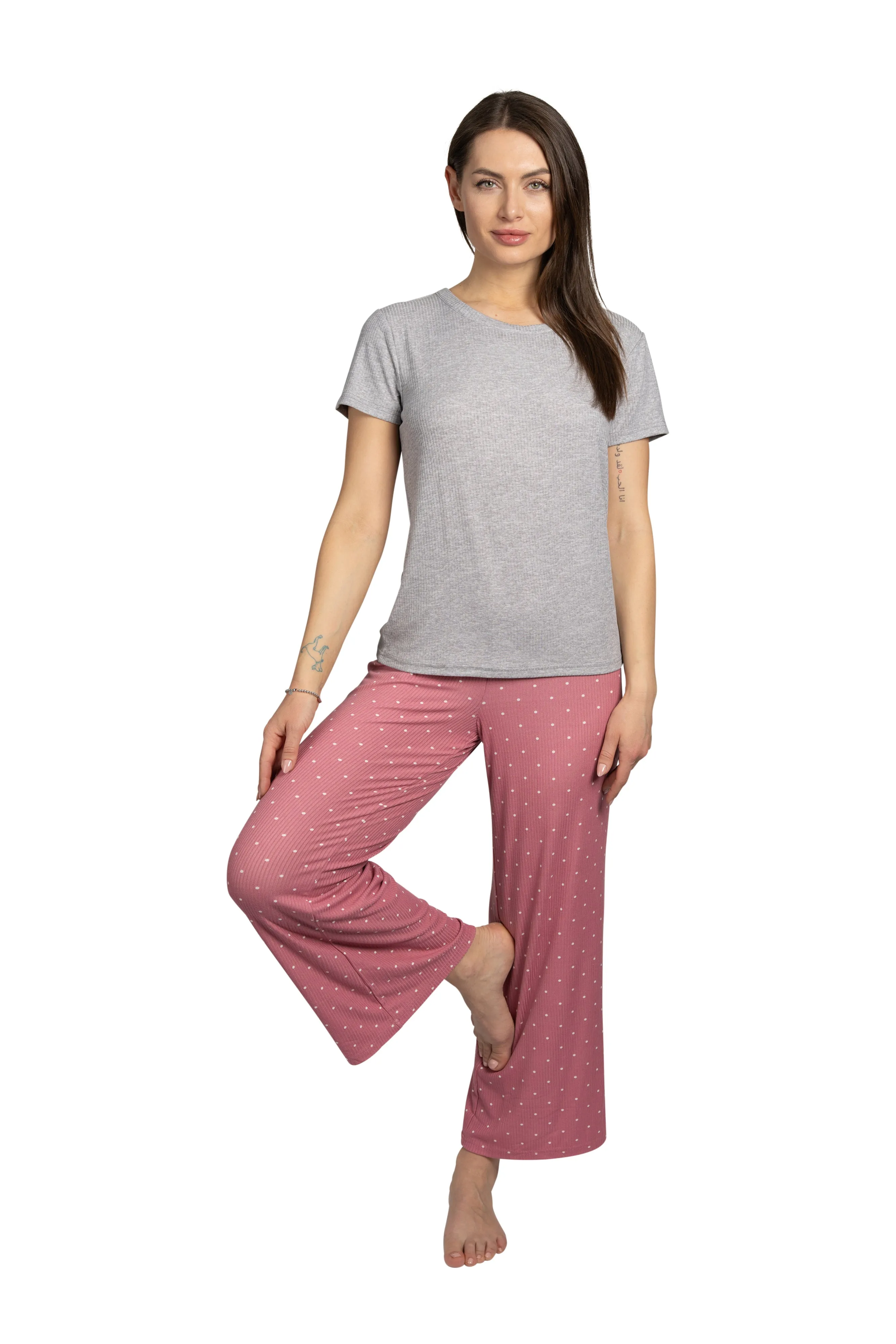 Women's "BE HAPPY" 2-Piece Short Sleeve Top and Wide Leg Ribbed Pants Pajama Set sold by Rae Dunn product image thumbnail 4