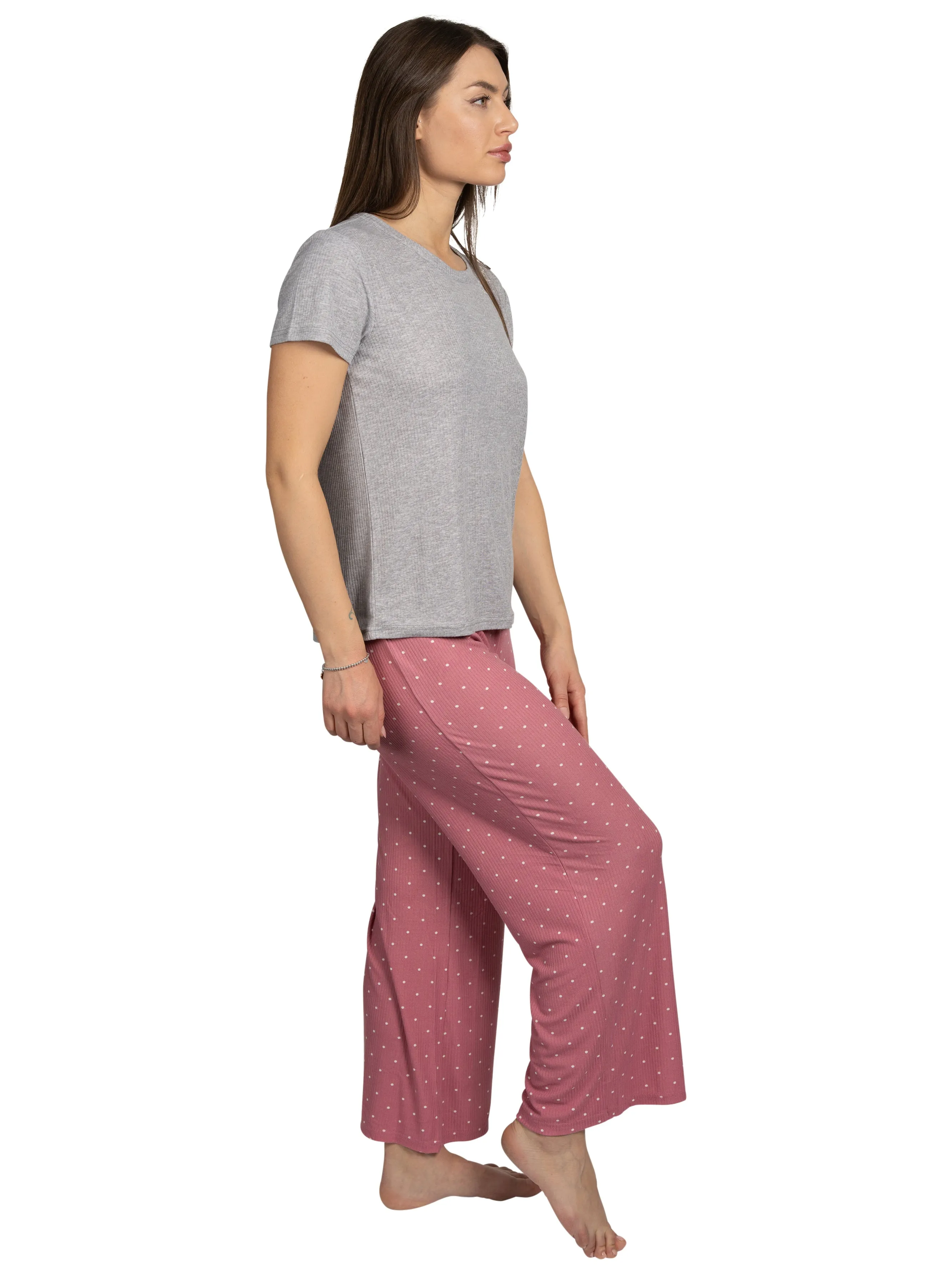 Women's "BE HAPPY" 2-Piece Short Sleeve Top and Wide Leg Ribbed Pants Pajama Set sold by Rae Dunn product image thumbnail 5