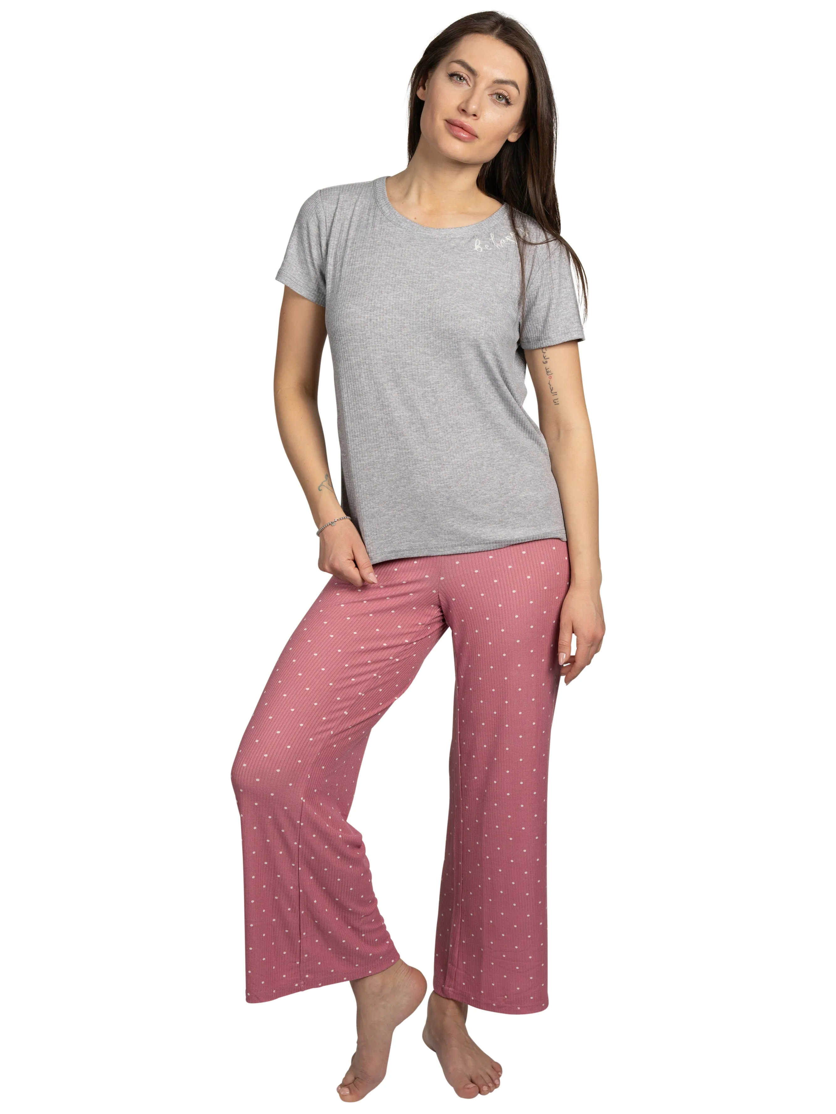 Women's "BE HAPPY" 2-Piece Short Sleeve Top and Wide Leg Ribbed Pants Pajama Set sold by Rae Dunn