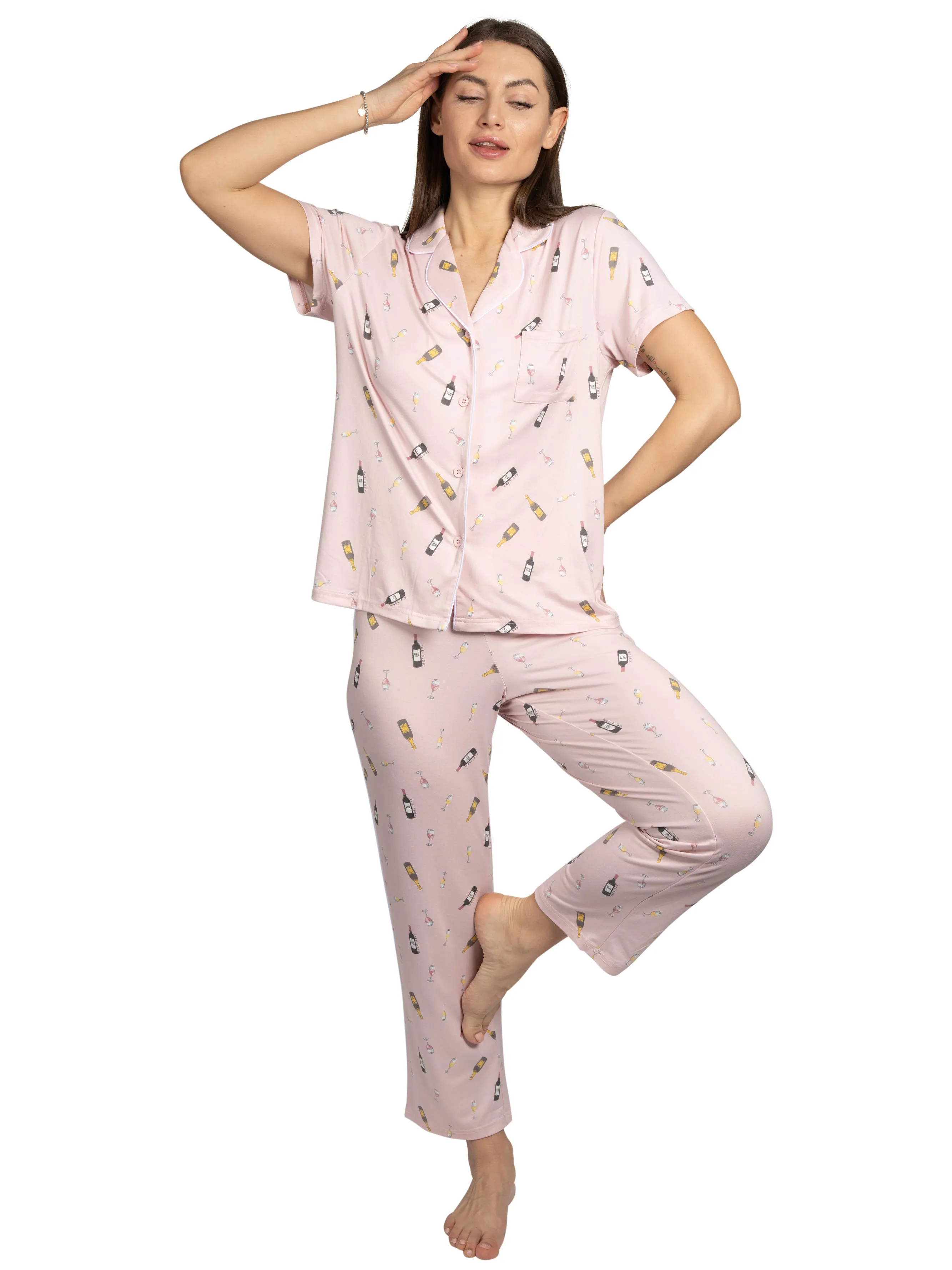 Women's Wine Time 2-Piece Short Sleeve Notch Collar Top and Pants Pajama Set sold by Rae Dunn product image thumbnail 2