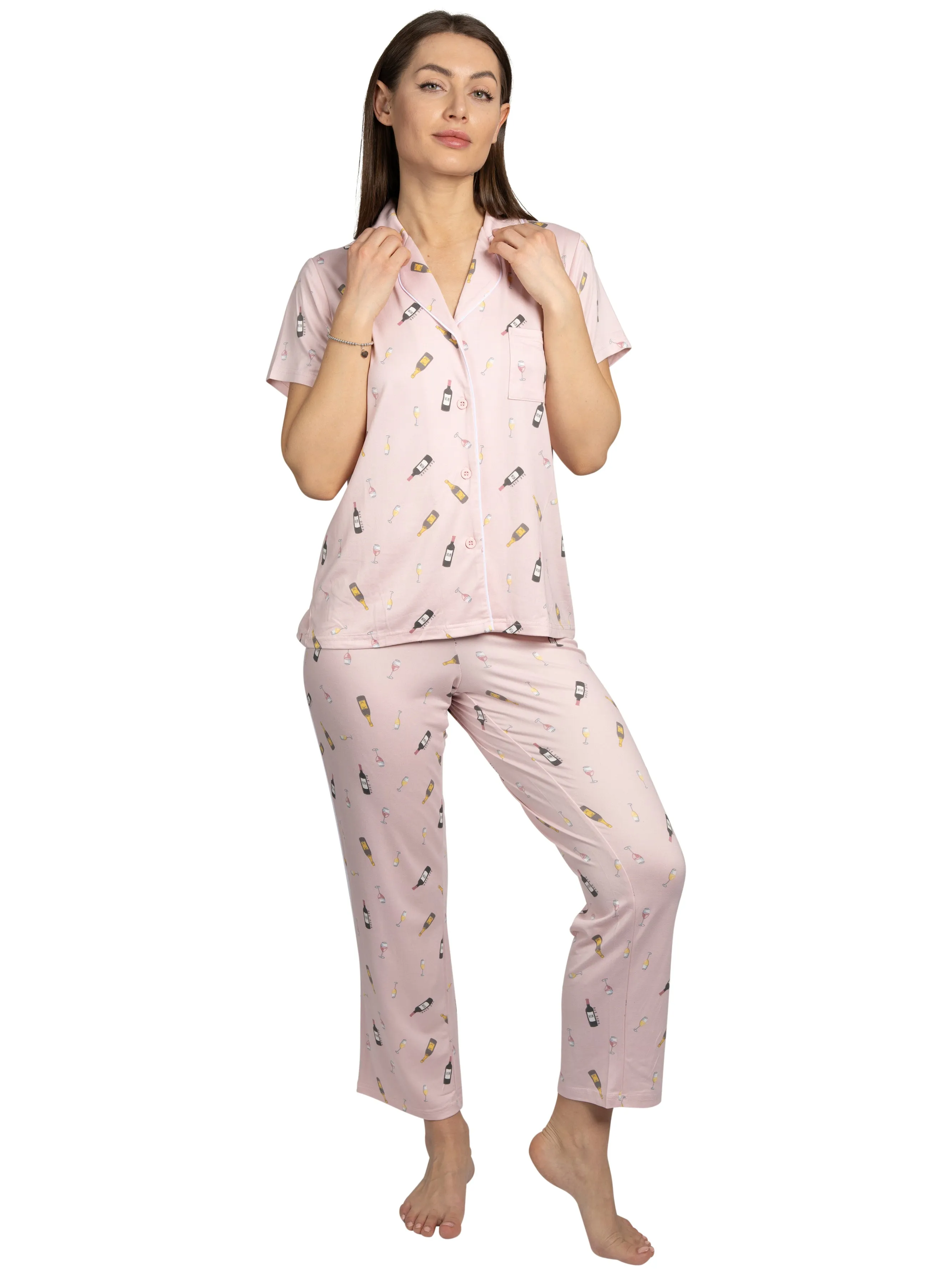 Women's Wine Time 2-Piece Short Sleeve Notch Collar Top and Pants Pajama Set sold by Rae Dunn product image thumbnail 5