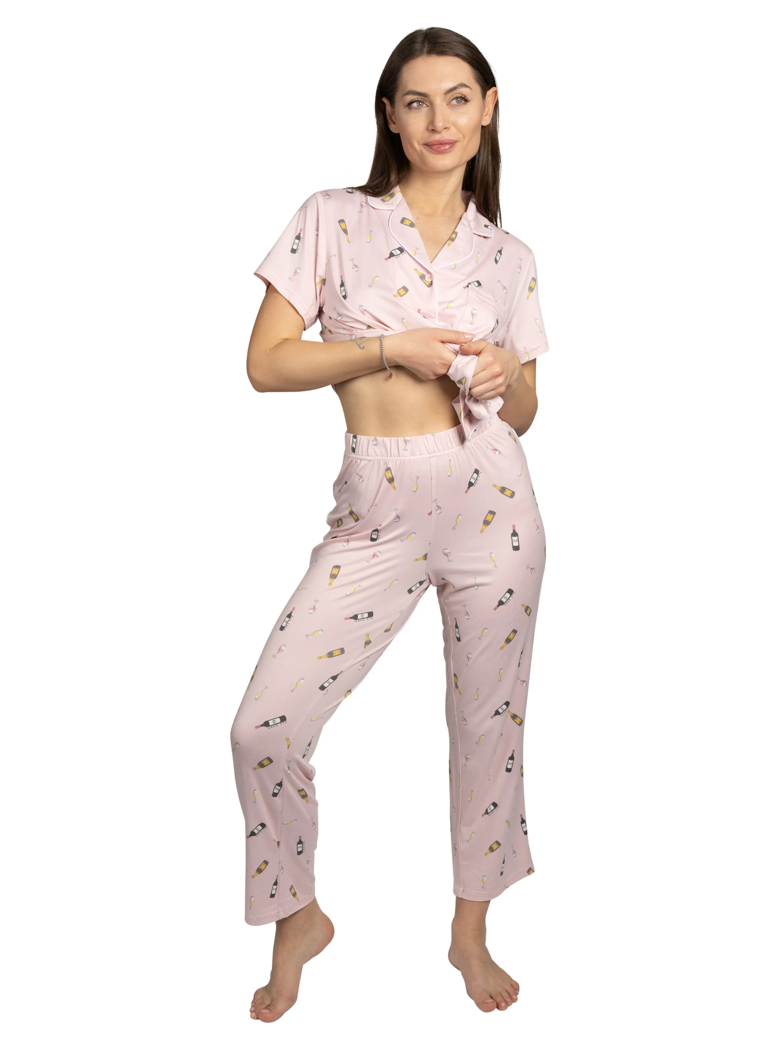 Women's Wine Time 2-Piece Short Sleeve Notch Collar Top and Pants Pajama Set sold by Rae Dunn