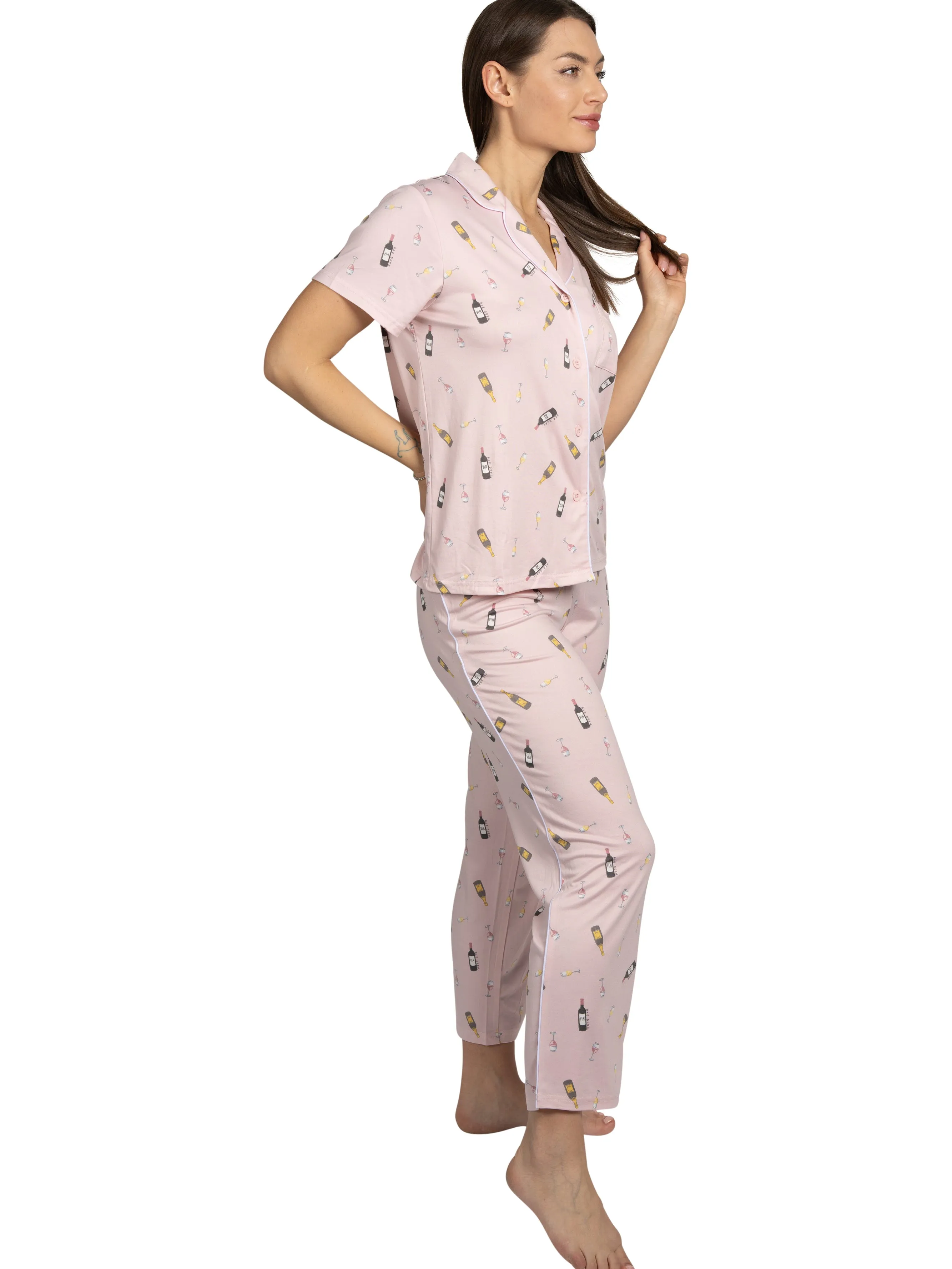 Women's Wine Time 2-Piece Short Sleeve Notch Collar Top and Pants Pajama Set sold by Rae Dunn product image thumbnail 3
