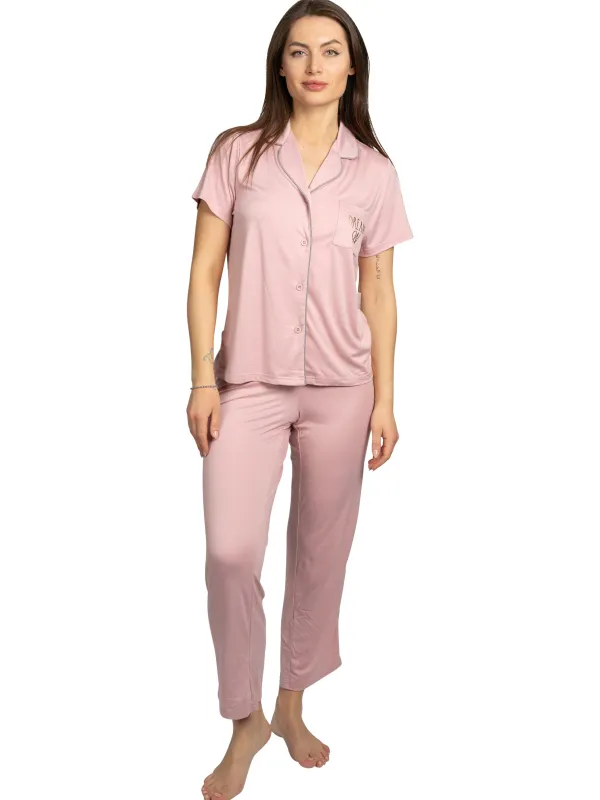 Women's "DREAM ON" 2-Piece Short Sleeve Notch Collar Top and Pants Pajama Set sold by Rae Dunn