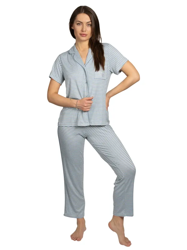 Women's "DREAM LAND" 2-Piece Short Sleeve Notch Collar Top and Pants Pajama Set sold by Rae Dunn
