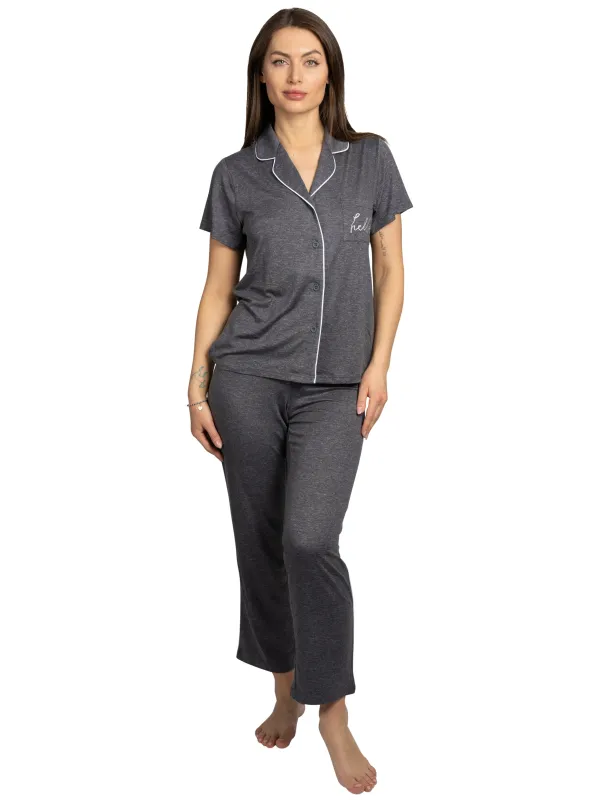 Women's "HELLO" 2-Piece Short Sleeve Notch Collar Top and Pants Pajama Set sold by Rae Dunn
