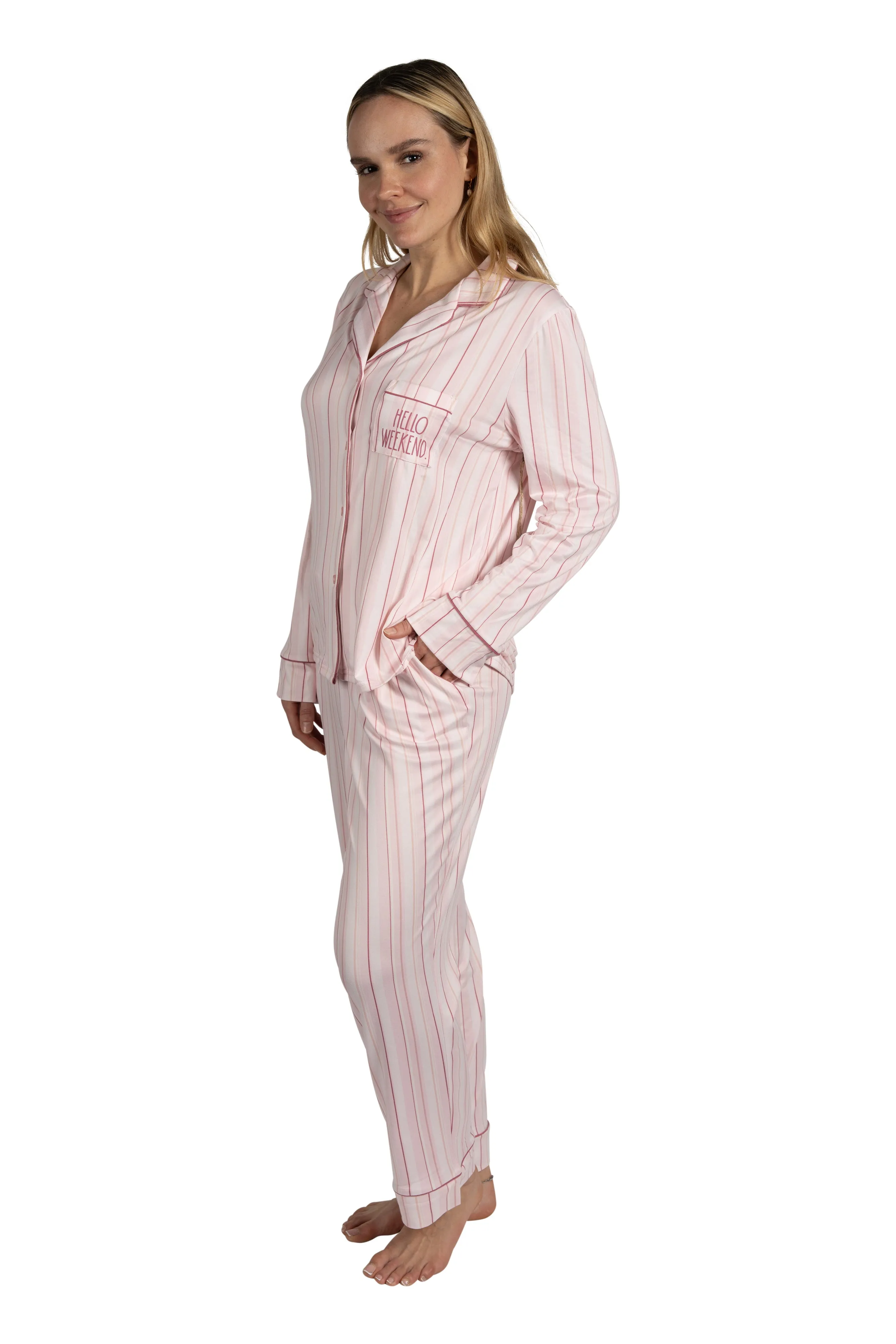 Women's "HELLO WEEKEND" 2-Piece Long Sleeve Notch Collar Top and Pants Pajama Set sold by Rae Dunn product image thumbnail 2