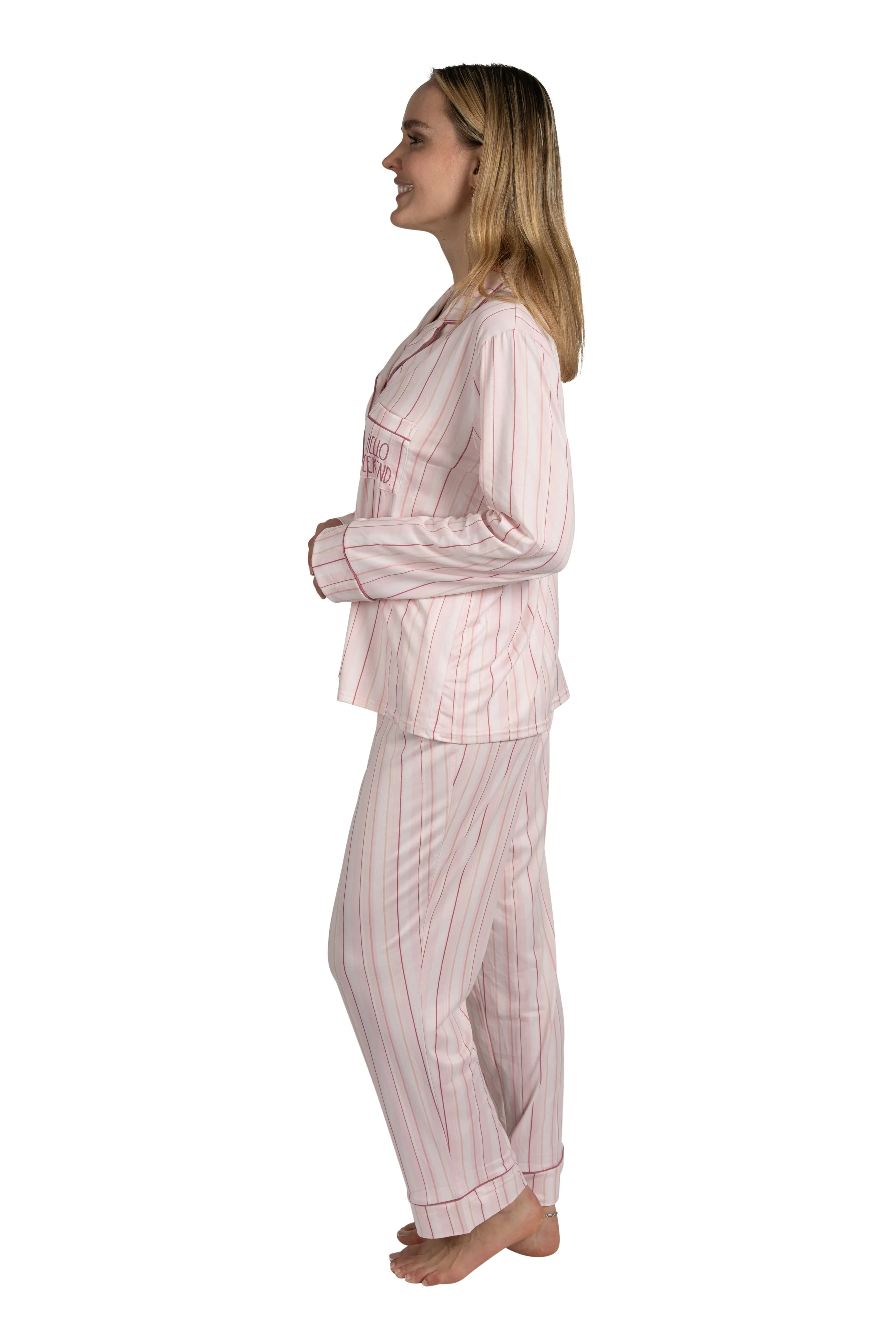 Women's "HELLO WEEKEND" 2-Piece Long Sleeve Notch Collar Top and Pants Pajama Set sold by Rae Dunn product image thumbnail 3
