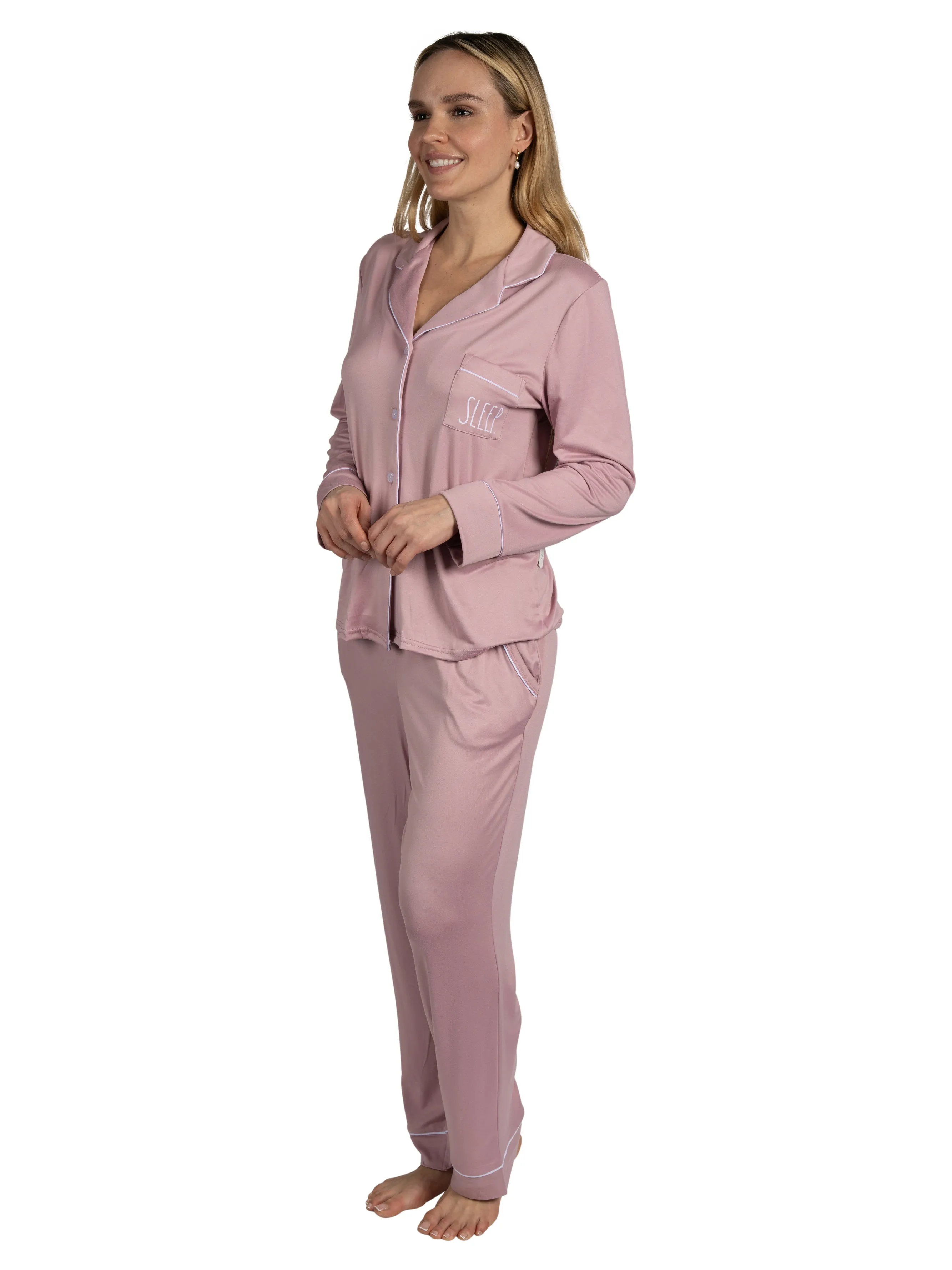 Women's "SLEEP" 2-Piece Long Sleeve Notch Collar Top and Pants Pajama Set sold by Rae Dunn product image thumbnail 2