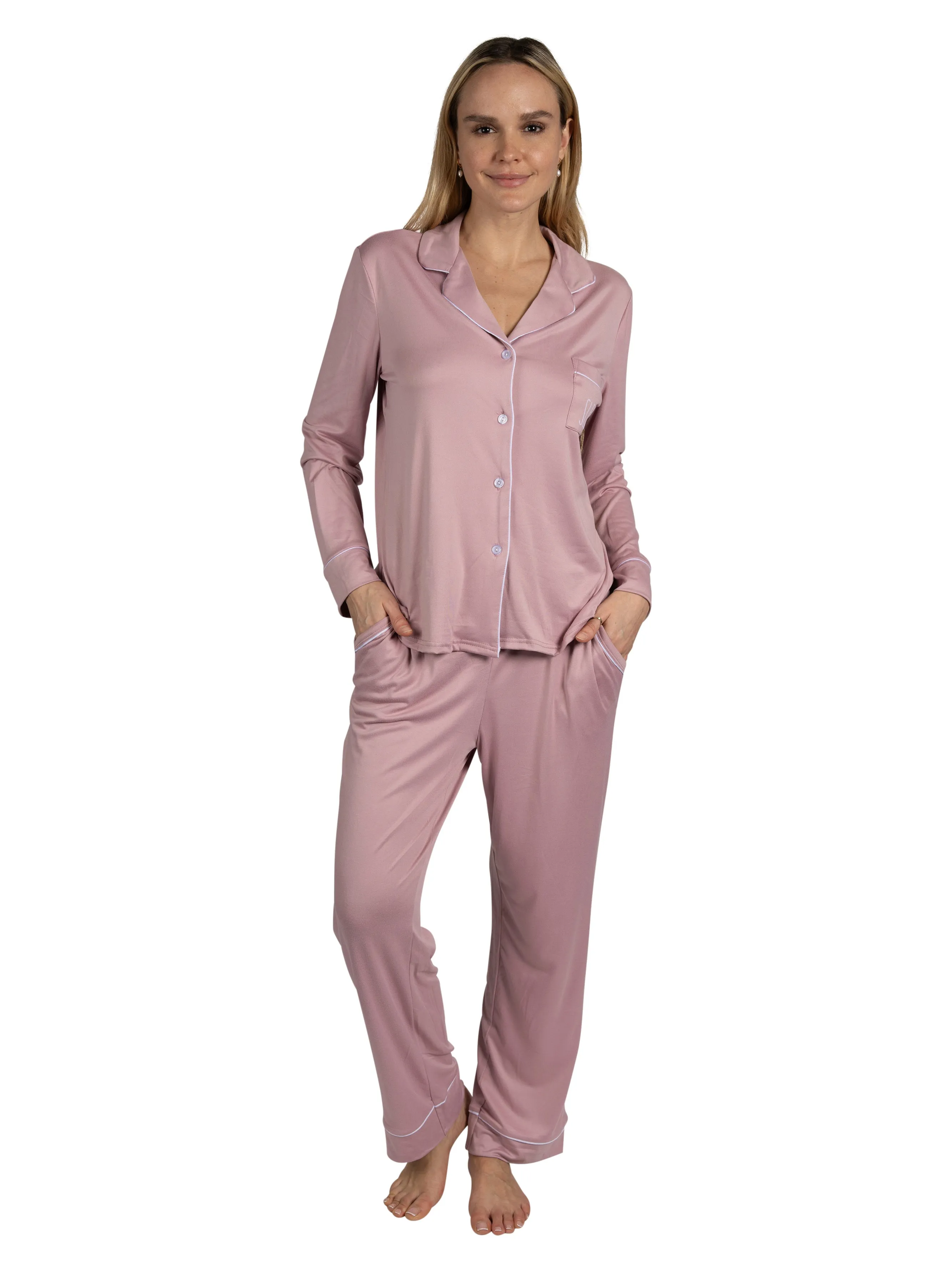 Women's "SLEEP" 2-Piece Long Sleeve Notch Collar Top and Pants Pajama Set sold by Rae Dunn