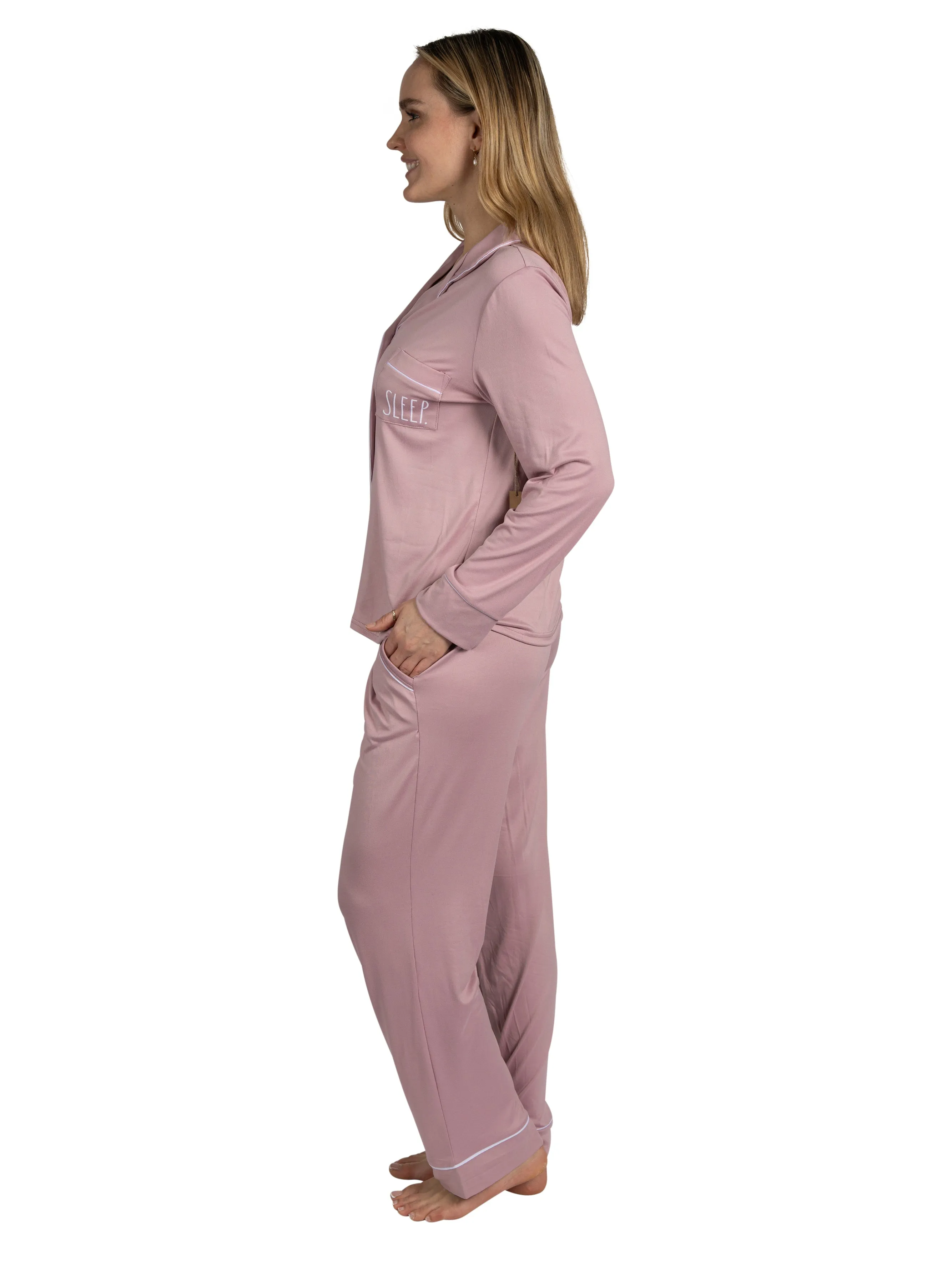 Women's "SLEEP" 2-Piece Long Sleeve Notch Collar Top and Pants Pajama Set sold by Rae Dunn product image thumbnail 3