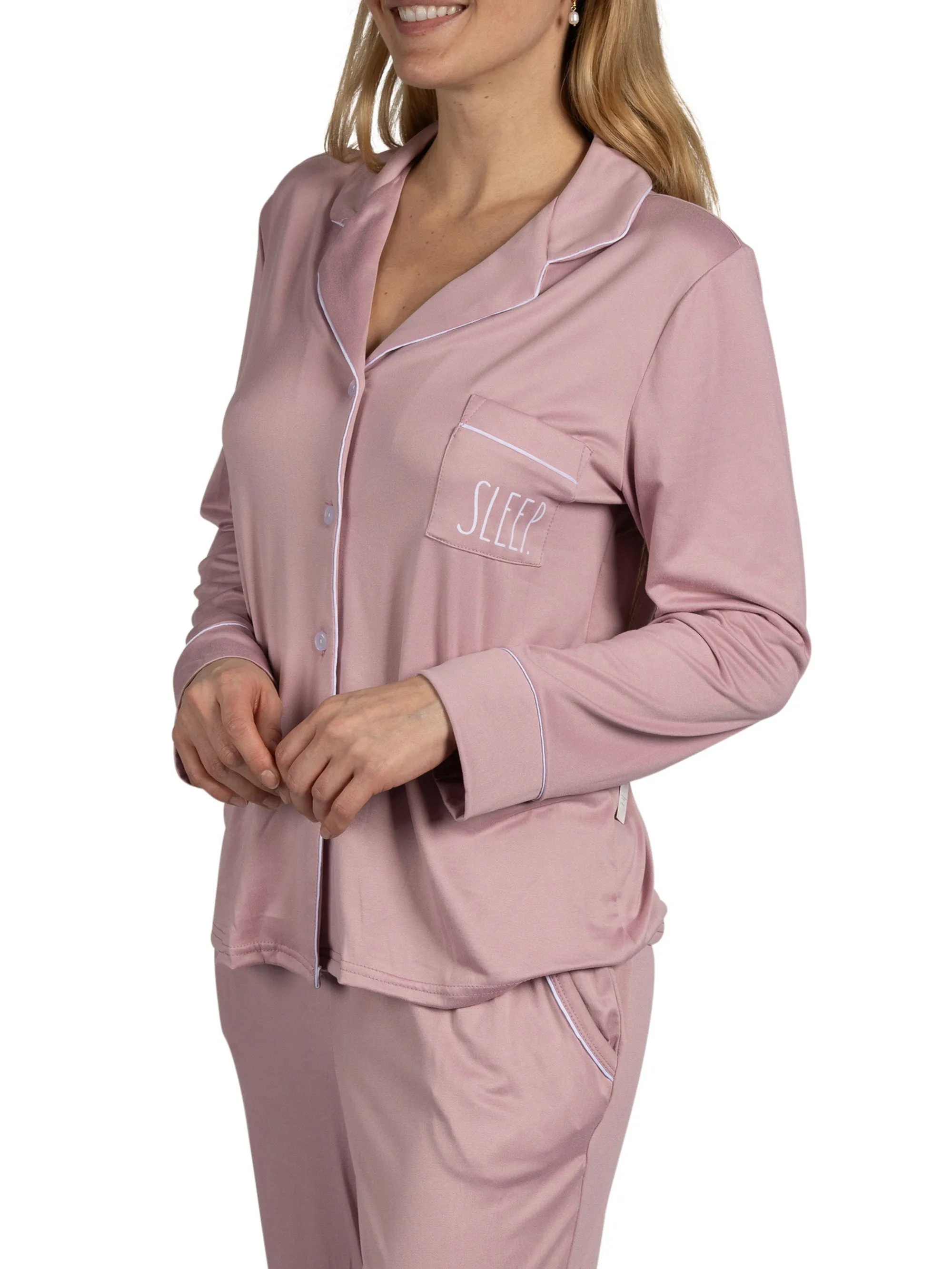 Women's "SLEEP" 2-Piece Long Sleeve Notch Collar Top and Pants Pajama Set sold by Rae Dunn product image thumbnail 5
