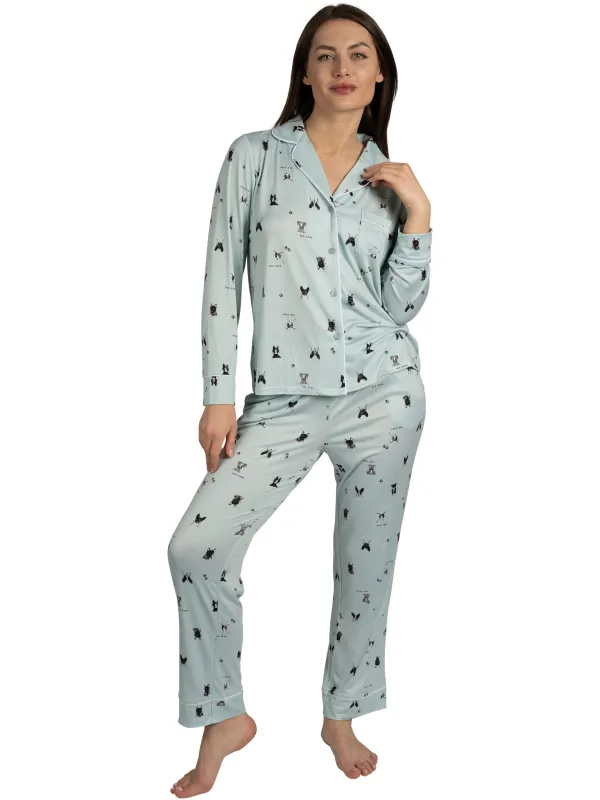 Women's Dog Illustrations 2-Piece Long Sleeve Notch Collar Top and Pants Pajama Set sold by Rae Dunn