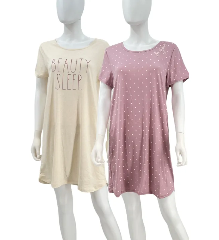 Women's 2-Pack Short Sleeve Shirttail Nightshirts Beige Pink "BONJOUR" & "BEAUTY SLEEP" sold by Rae Dunn