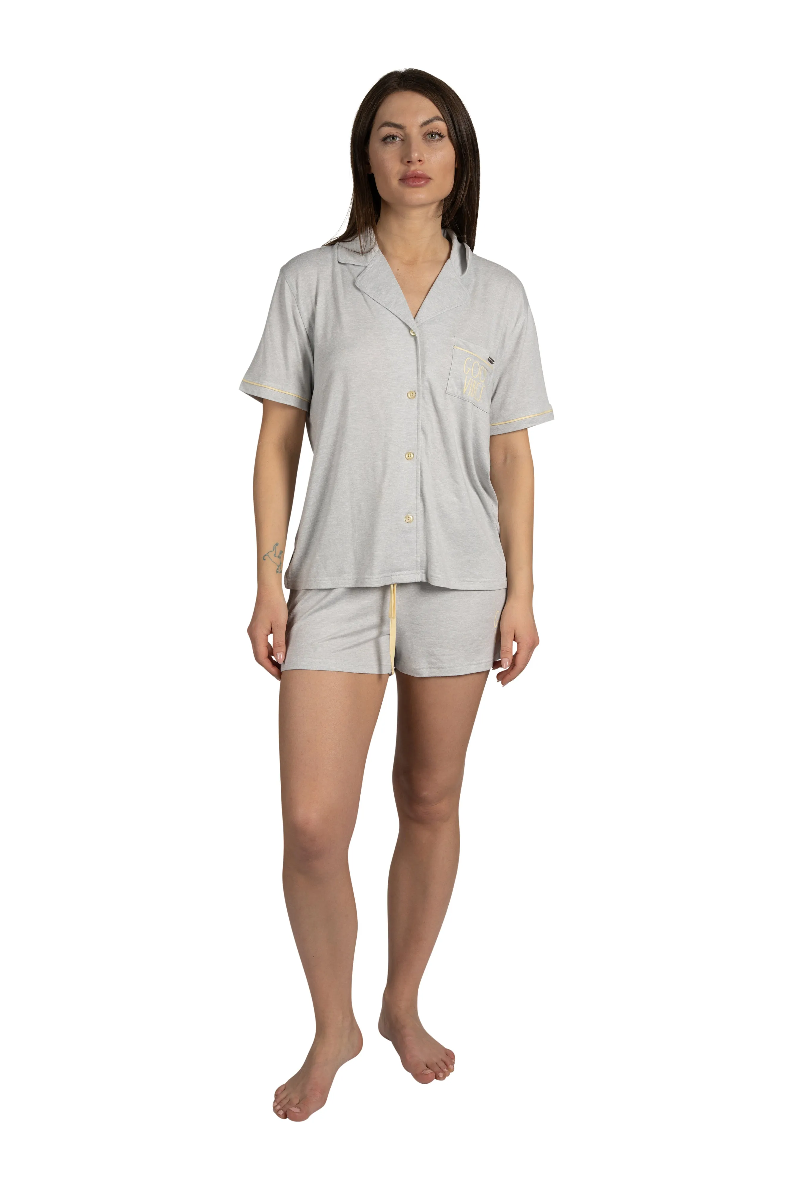 RAE DUNN Women's Short Sleeve Notch Collar Top and Drawstring Shorts Recycled, GOOD VIBES Grey, M sold by Rae Dunn product image thumbnail 2