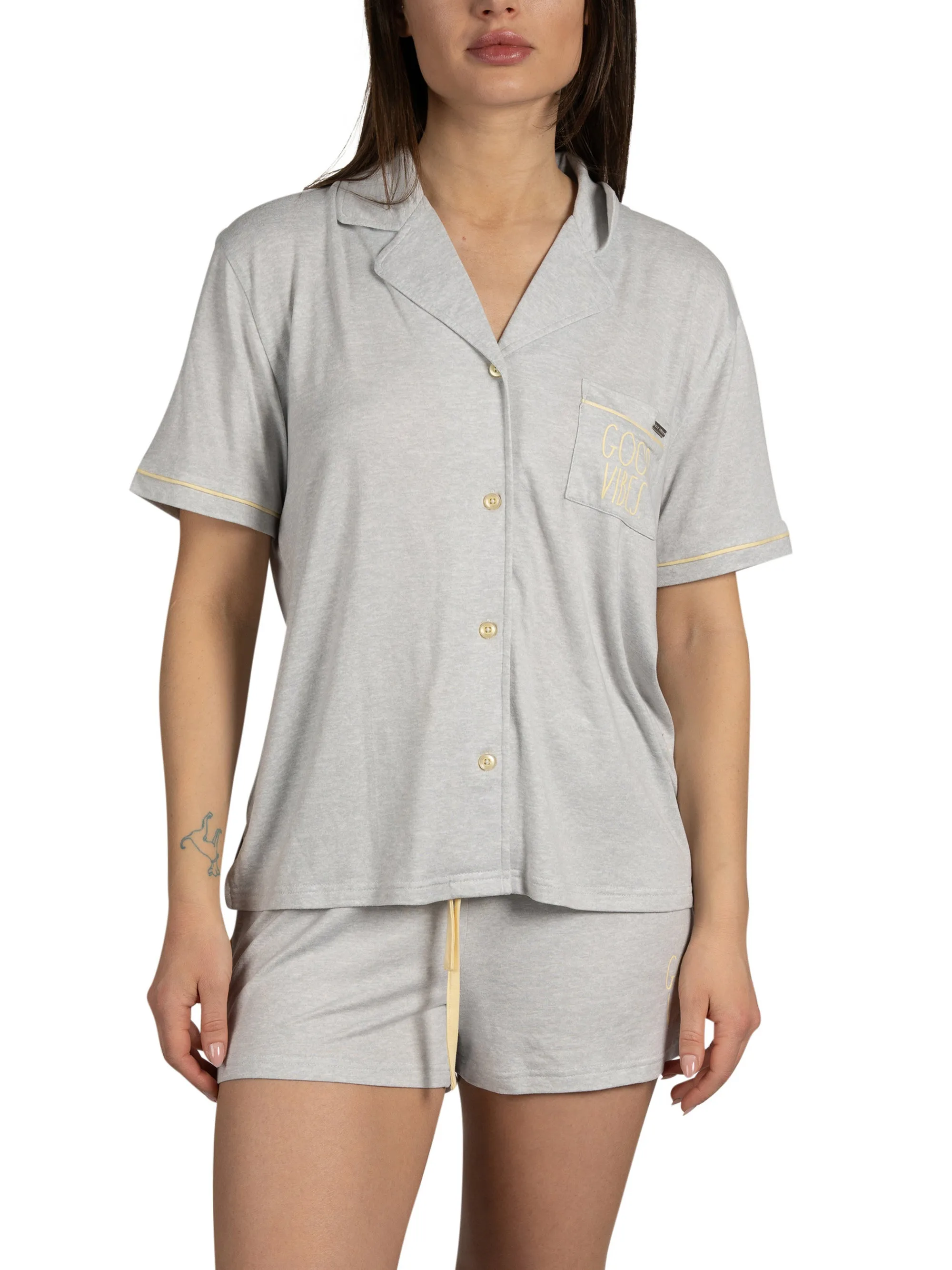 RAE DUNN Women's Short Sleeve Notch Collar Top and Drawstring Shorts Recycled, GOOD VIBES Grey, M sold by Rae Dunn
