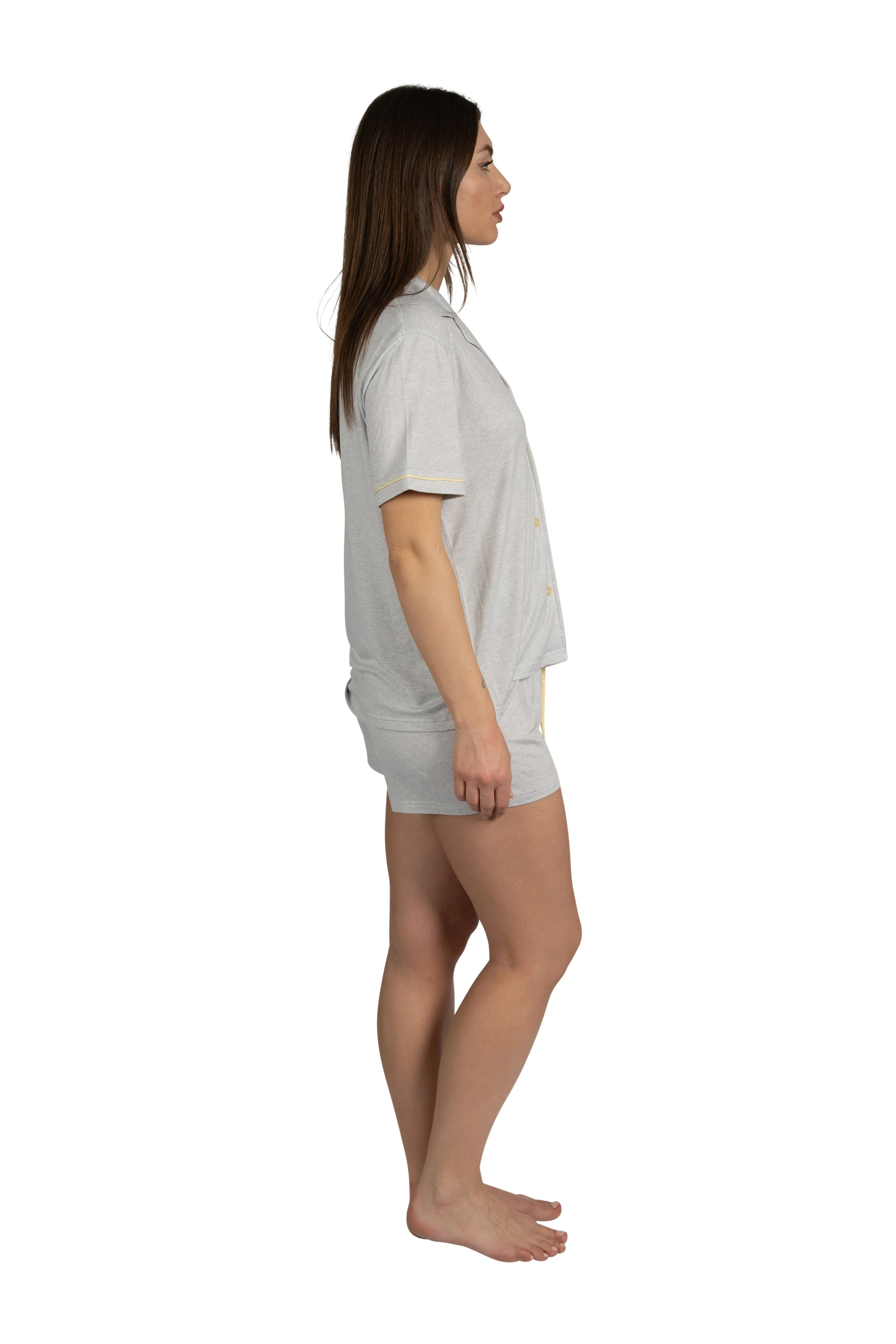 RAE DUNN Women's Short Sleeve Notch Collar Top and Drawstring Shorts Recycled, GOOD VIBES Grey, M sold by Rae Dunn product image thumbnail 4