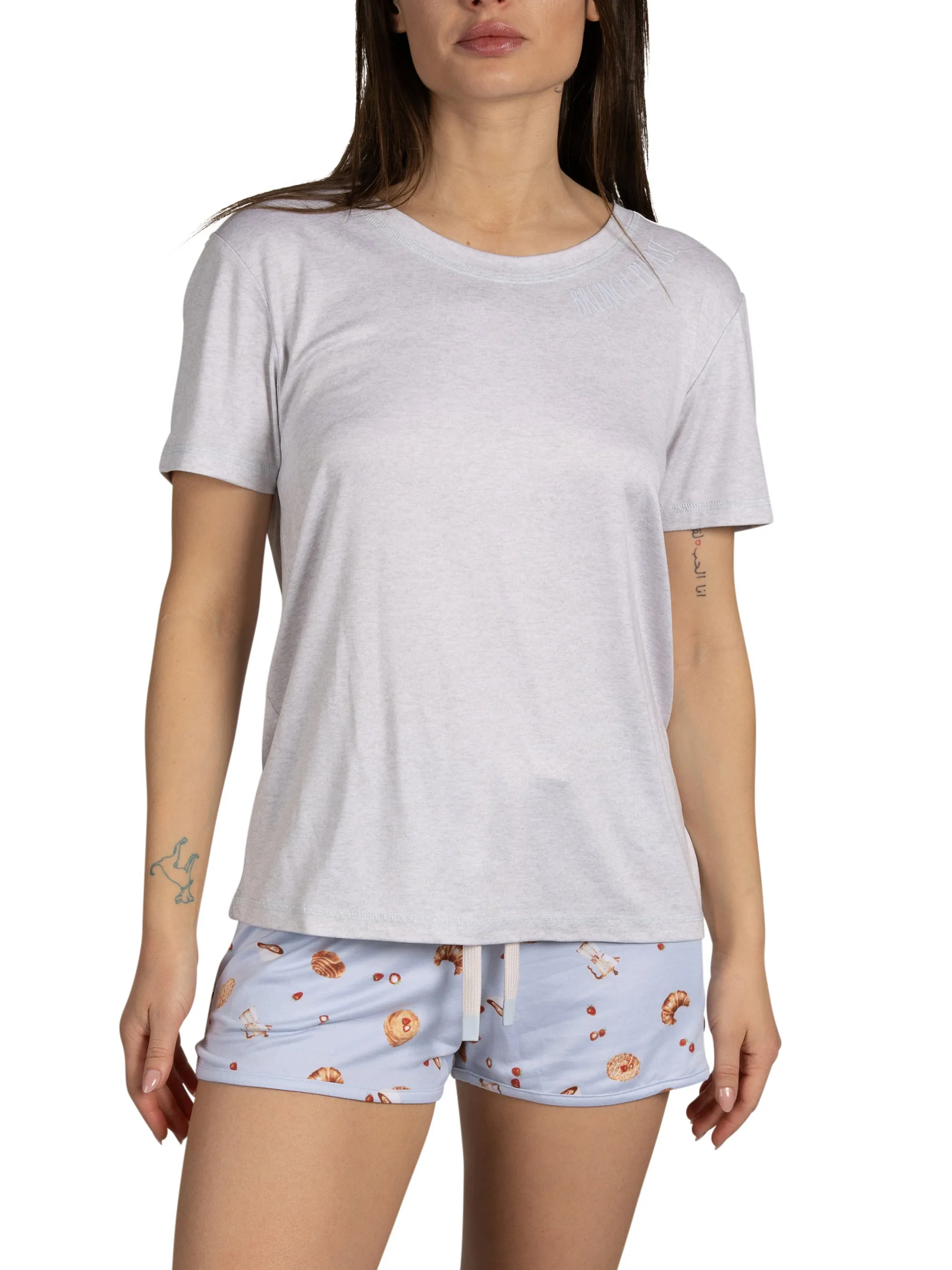 Women's "BRUNCH PLEASE" Short Sleeve Shirt and Dolphin Shorts Soft Pajama Set sold by Rae Dunn