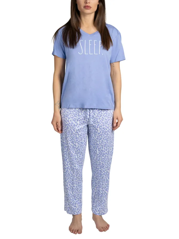 Women's "SLEEP" 2-Piece Short Sleeve Top and Pants Blue Leopard Print Pajama Set sold by Rae Dunn