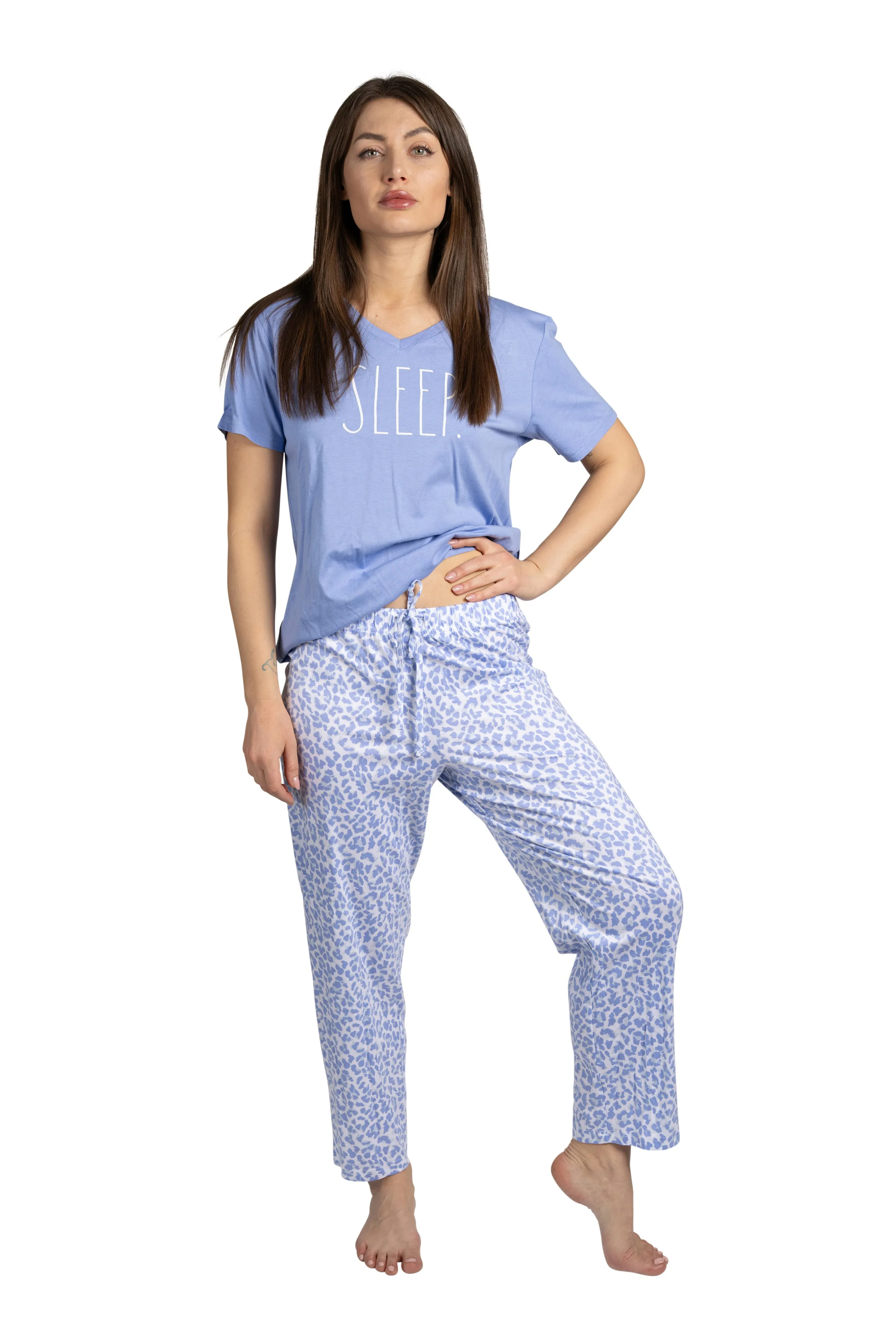 Women's "SLEEP" 2-Piece Short Sleeve Top and Pants Blue Leopard Print Pajama Set sold by Rae Dunn product image thumbnail 5