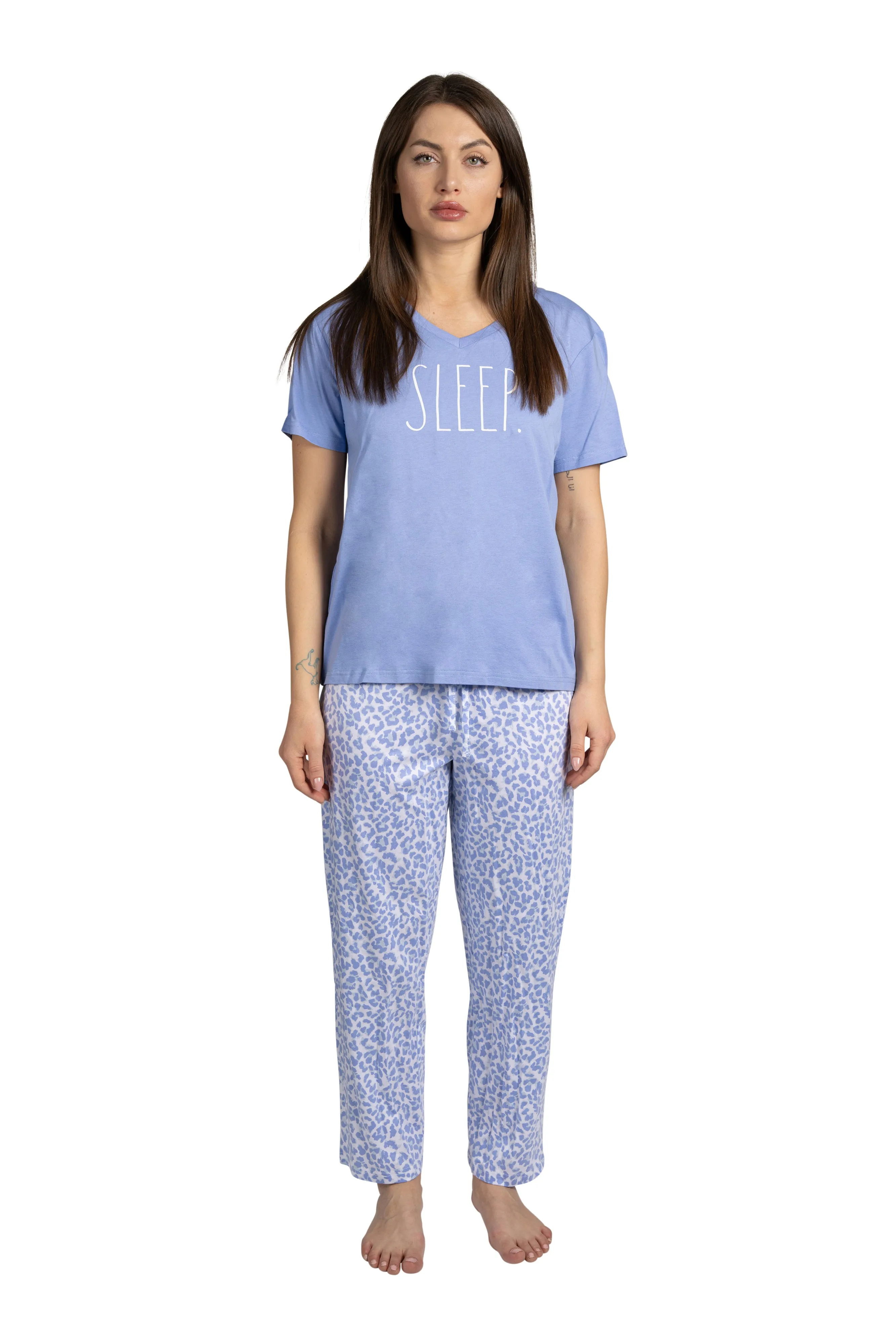 Women's "SLEEP" 2-Piece Short Sleeve Top and Pants Blue Leopard Print Pajama Set sold by Rae Dunn product image thumbnail 4