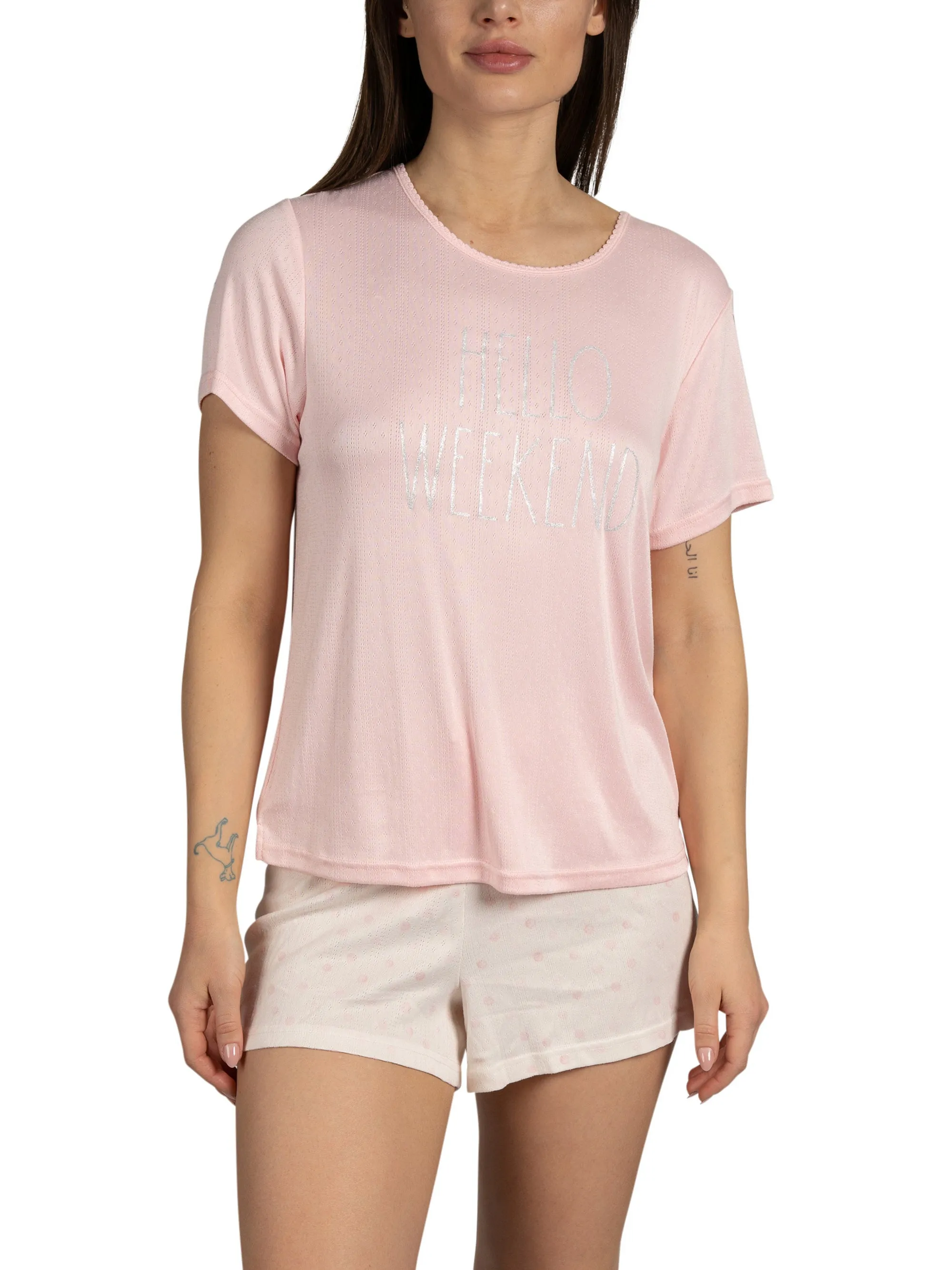 Women's "HELLO WEEKEND" Short Sleeve Shirt and Shorts Soft Pointelle Pajama Set sold by Rae Dunn