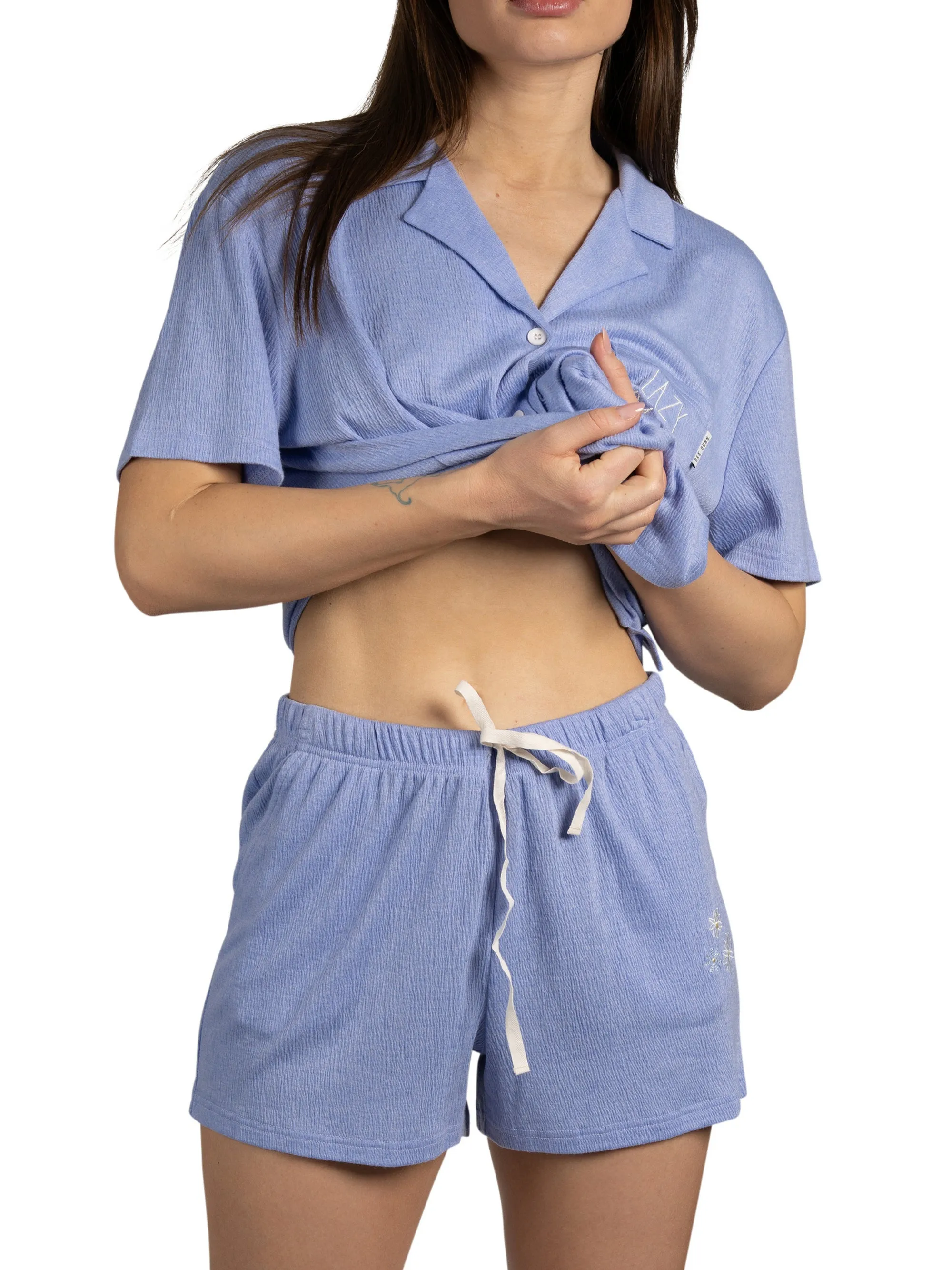 Women's SLEEP Short Sleeve Notch Collar Top and Elastic Waistband Shorts Soft Gauze Pajama Set sold by Rae Dunn product image thumbnail 2