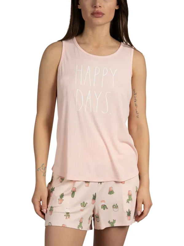 Women's "HAPPY DAYS" Ribbed Tank and Foldover Waist Shorts Pajama Set sold by Rae Dunn