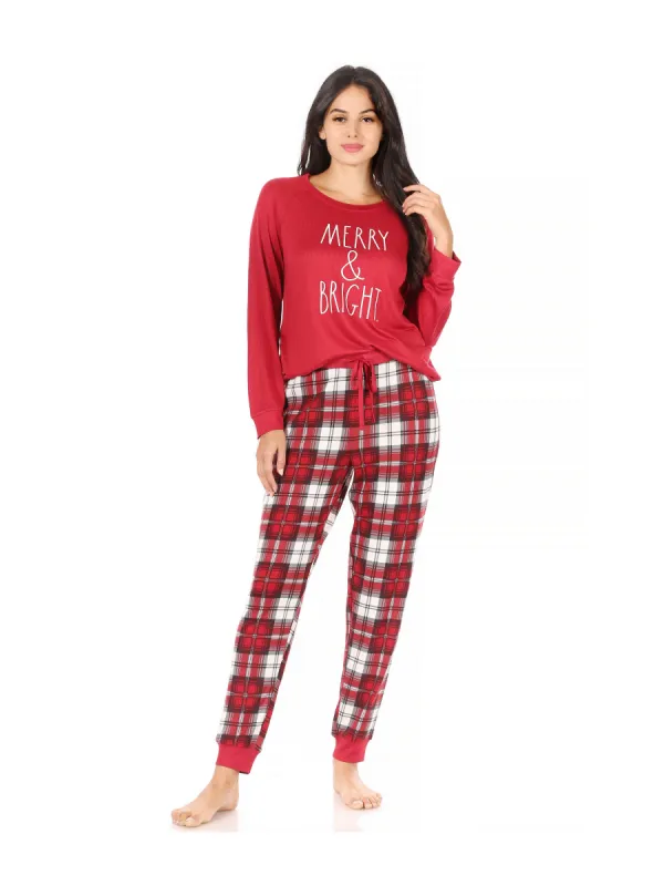 Women's "MERRY & BRIGHT" Long Sleeve Top and Drawstring Jogger Pajama Set sold by Rae Dunn