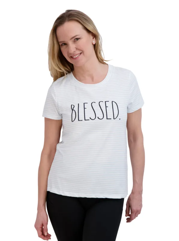 Women's "BLESSED" Short Sleeve Striped Icon T-Shirt sold by Rae Dunn