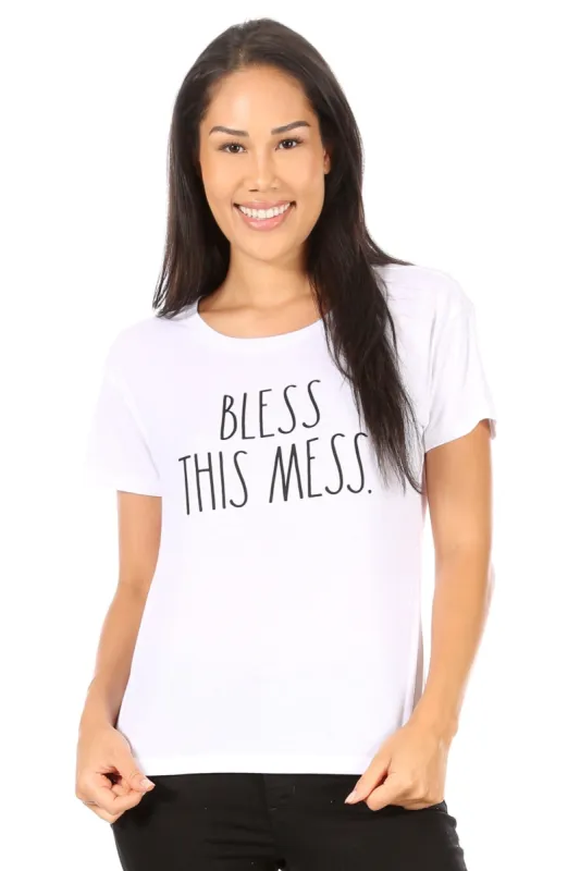 Women's "BLESS THIS MESS" Short Sleeve Shirttail Hem T-Shirt sold by Rae Dunn