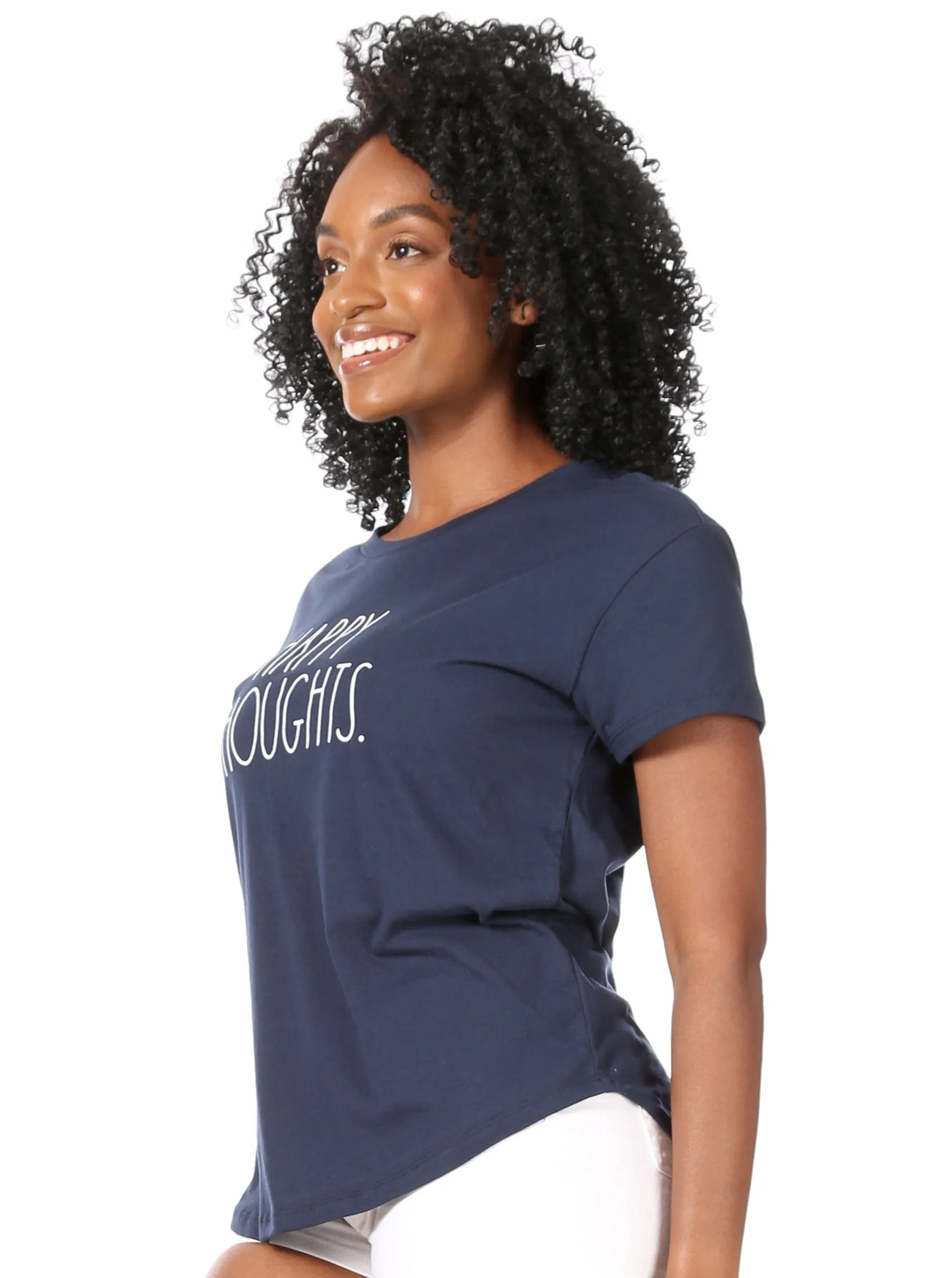 Women's "HAPPY THOUGHTS" Short Sleeve Shirttail Hem T-Shirt sold by Rae Dunn product image thumbnail 2