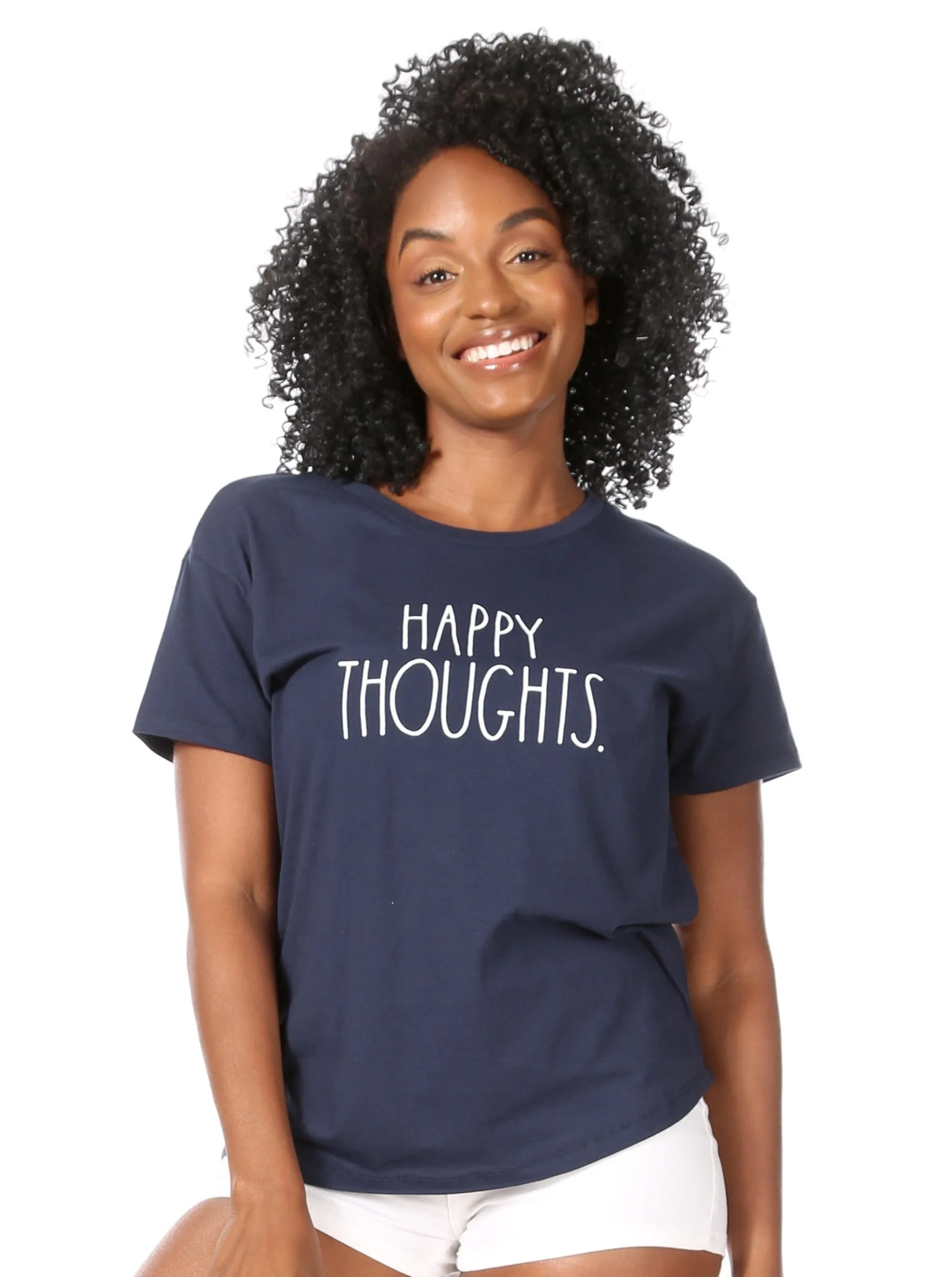 Women's "HAPPY THOUGHTS" Short Sleeve Shirttail Hem T-Shirt sold by Rae Dunn