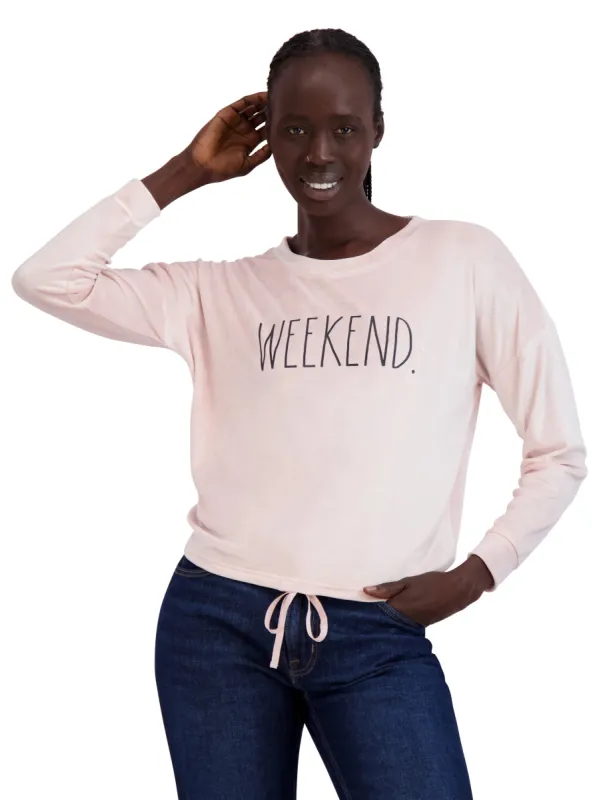 Women's "WEEKEND" Drawstring Hem Velour Sweatshirt sold by Rae Dunn
