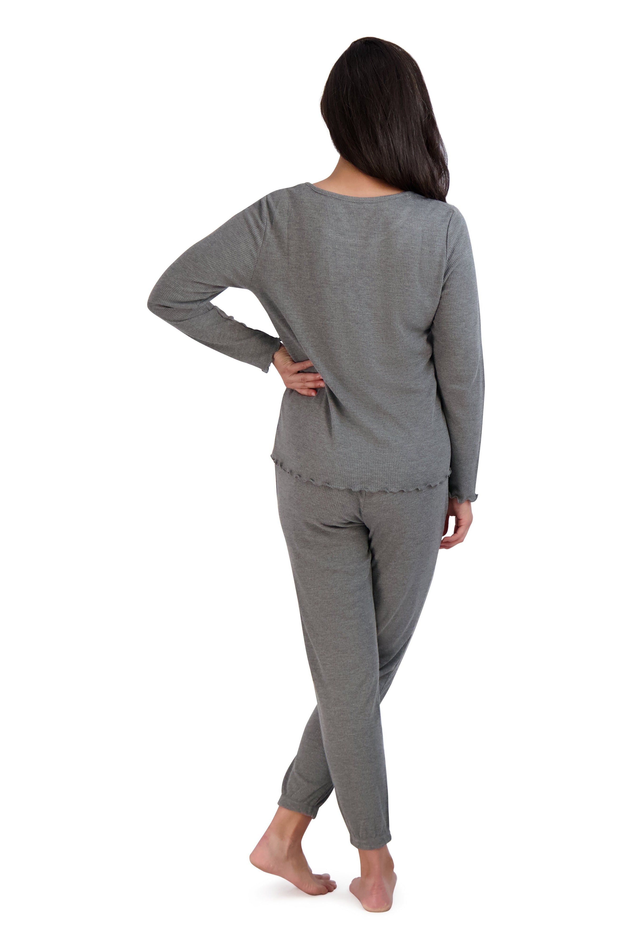 Women's "COZY" Long Sleeve Top and Joggers Waffle Lettuce Hem Pajama Set sold by Rae Dunn product image thumbnail 4