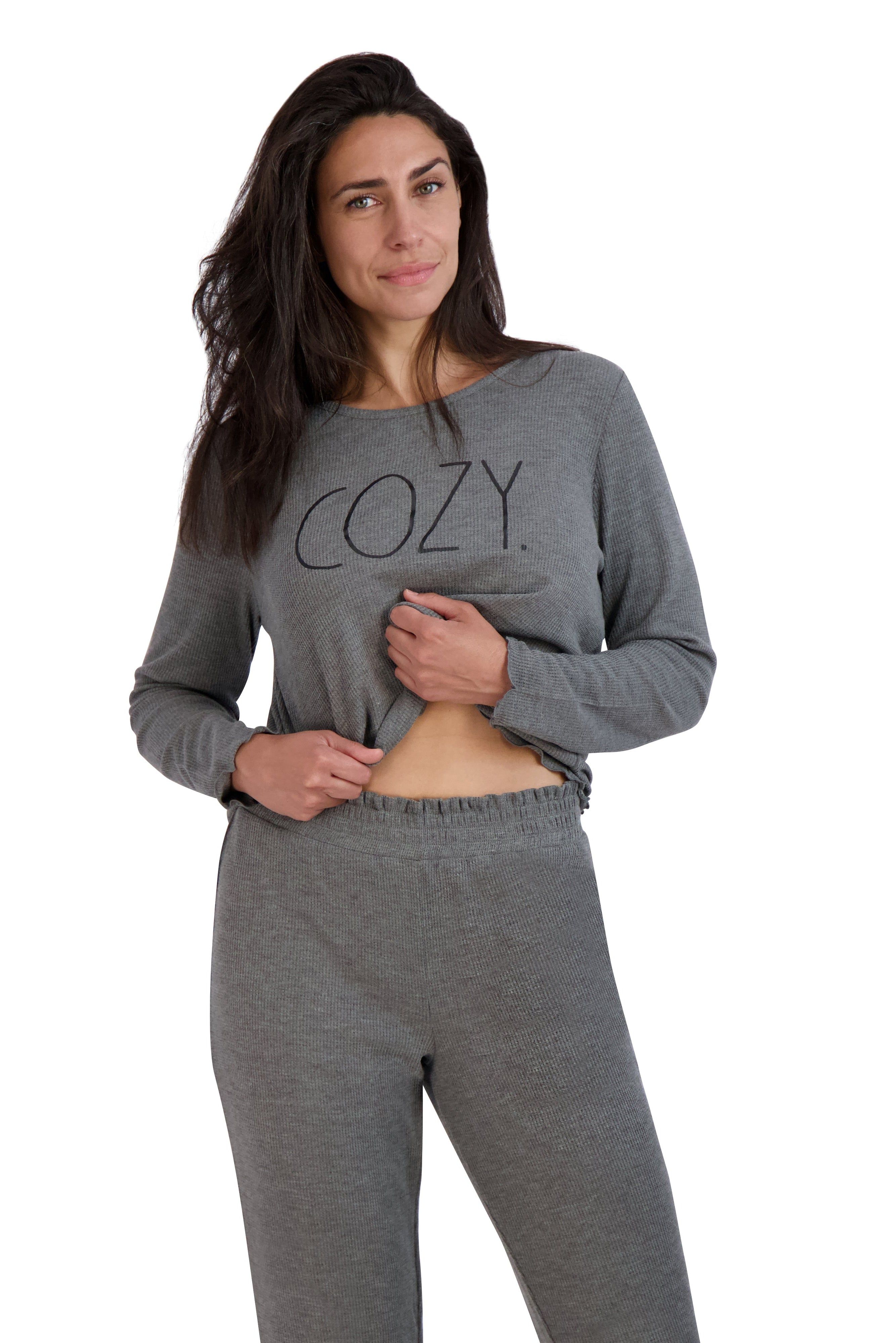 Women's "COZY" Long Sleeve Top and Joggers Waffle Lettuce Hem Pajama Set sold by Rae Dunn
