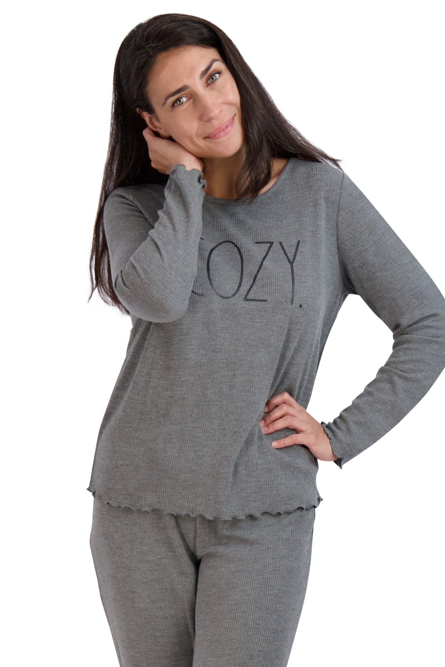 Women's "COZY" Long Sleeve Top and Joggers Waffle Lettuce Hem Pajama Set sold by Rae Dunn product image thumbnail 2