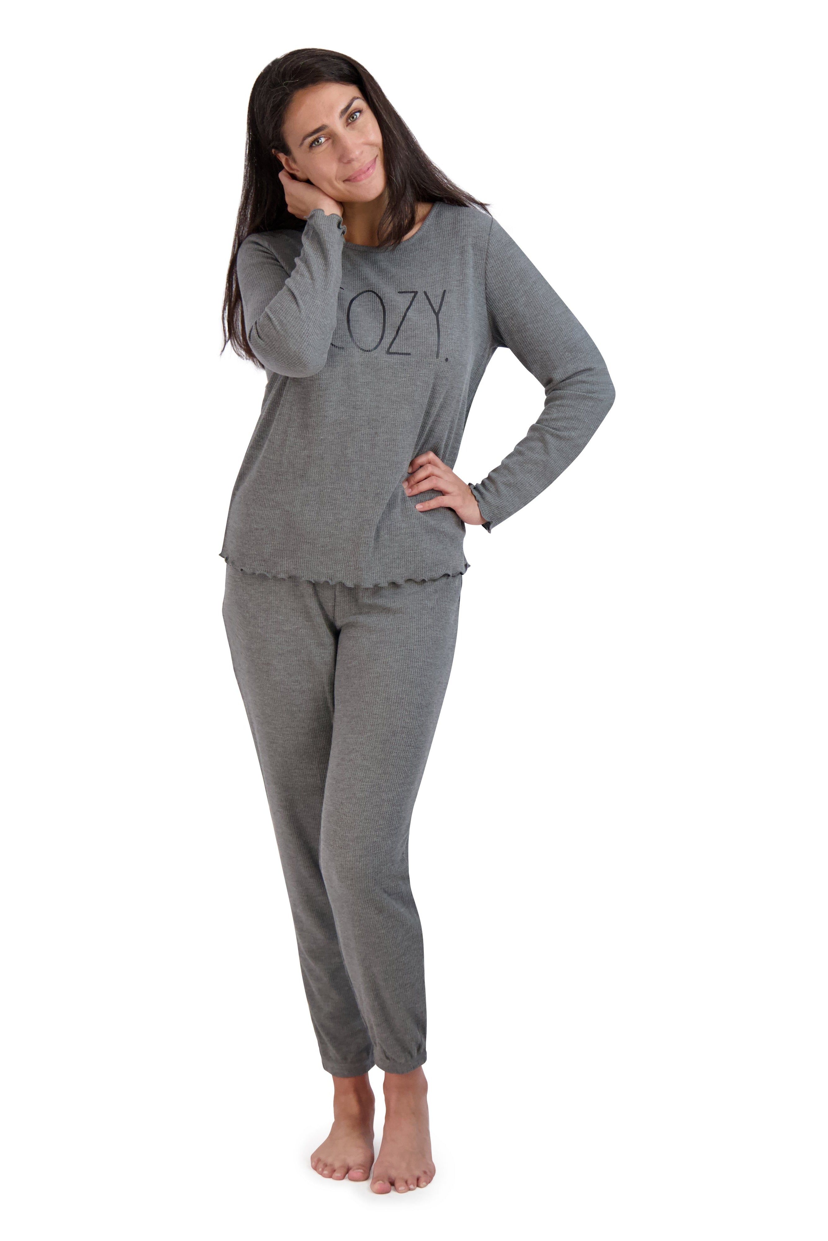 Women's "COZY" Long Sleeve Top and Joggers Waffle Lettuce Hem Pajama Set sold by Rae Dunn product image thumbnail 6