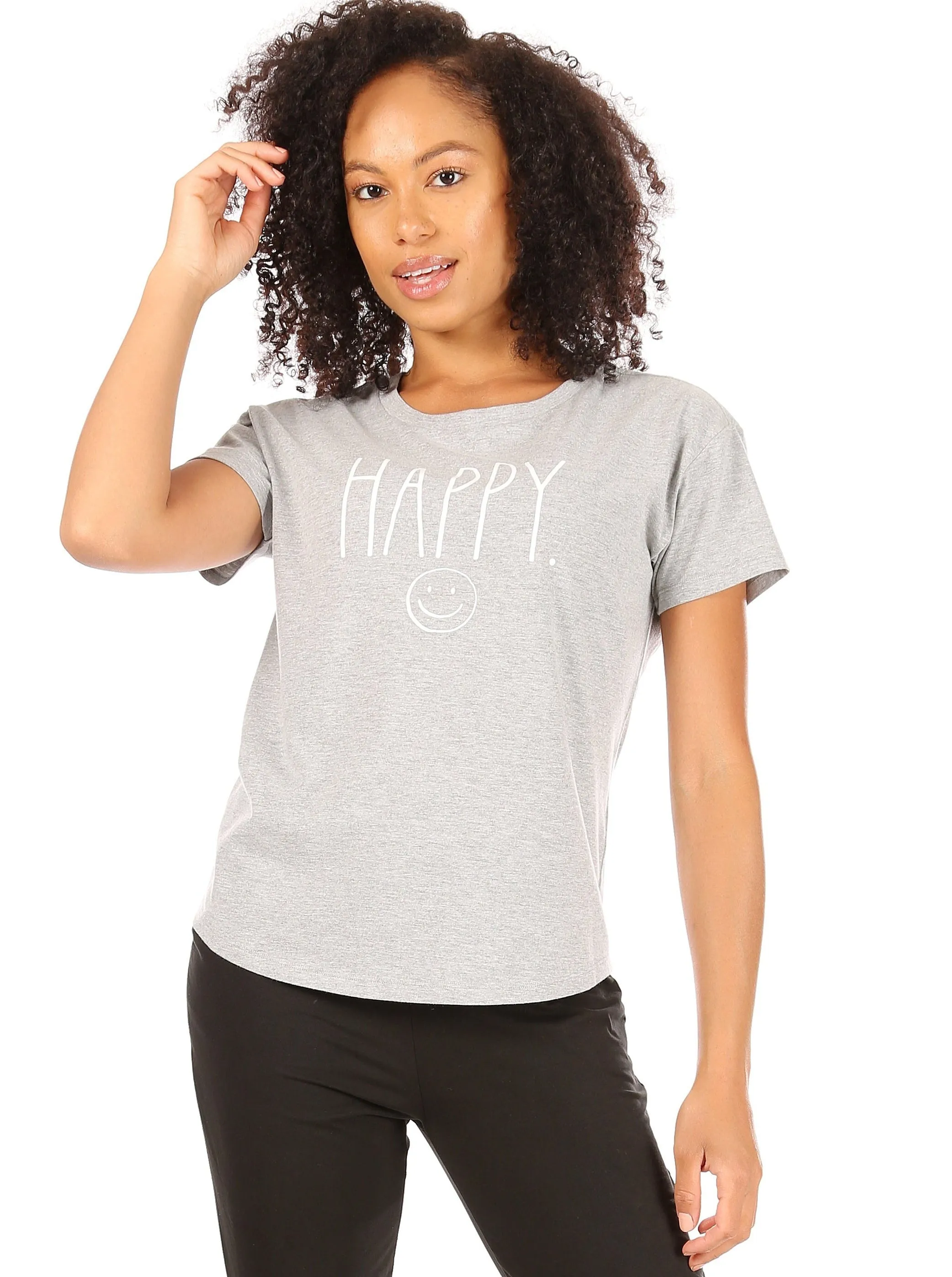 Women's "HAPPY" Short Sleeve Shirttail Hem T-Shirt sold by Rae Dunn