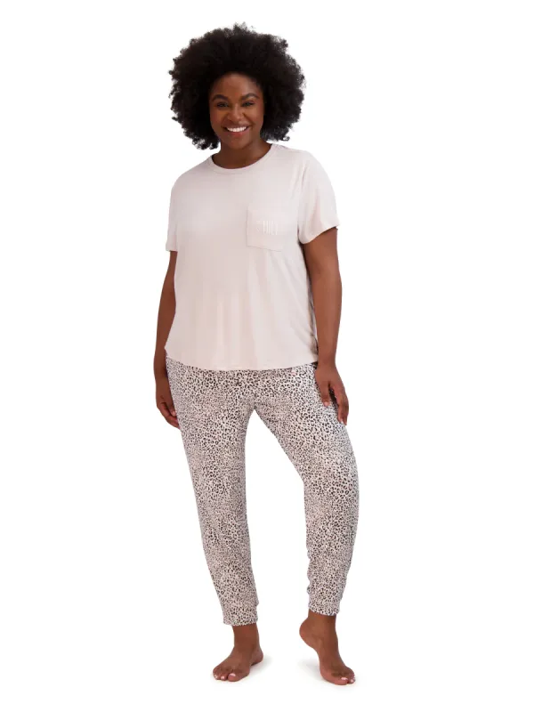Women's Plus Size "CHILL" Short Sleeve Pocket Top and Leopard Print Drawstring Joggers Pajama Set sold by Rae Dunn
