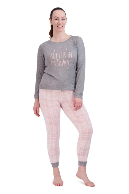 Women's "LIFE IS BETTER IN PAJAMAS" Hacci Long Sleeve Top and Drawstring Jogger Pajama Set sold by Rae Dunn