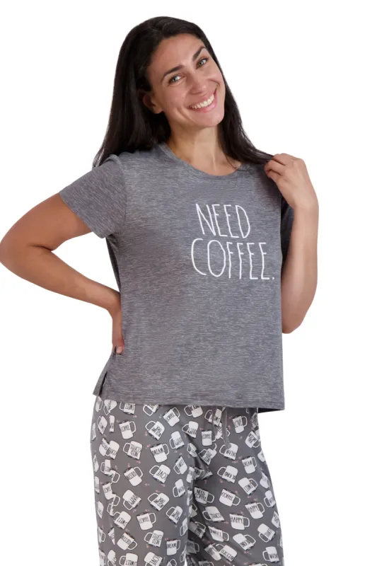 Women's "NEED COFFEE" Short Sleeve Top and Drawstring Coffee Mug Print Pants Pajama Set sold by Rae Dunn
