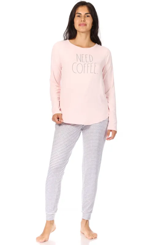 Women's "NEED COFFEE" Long Sleeve Top and Drawstring Joggers Pajama Set sold by Rae Dunn