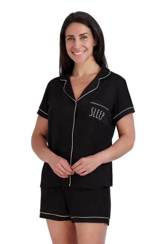 Women's "SLEEP" Short Sleeve Notch Collar Button-Up Top and Short Pajama Set sold by Rae Dunn