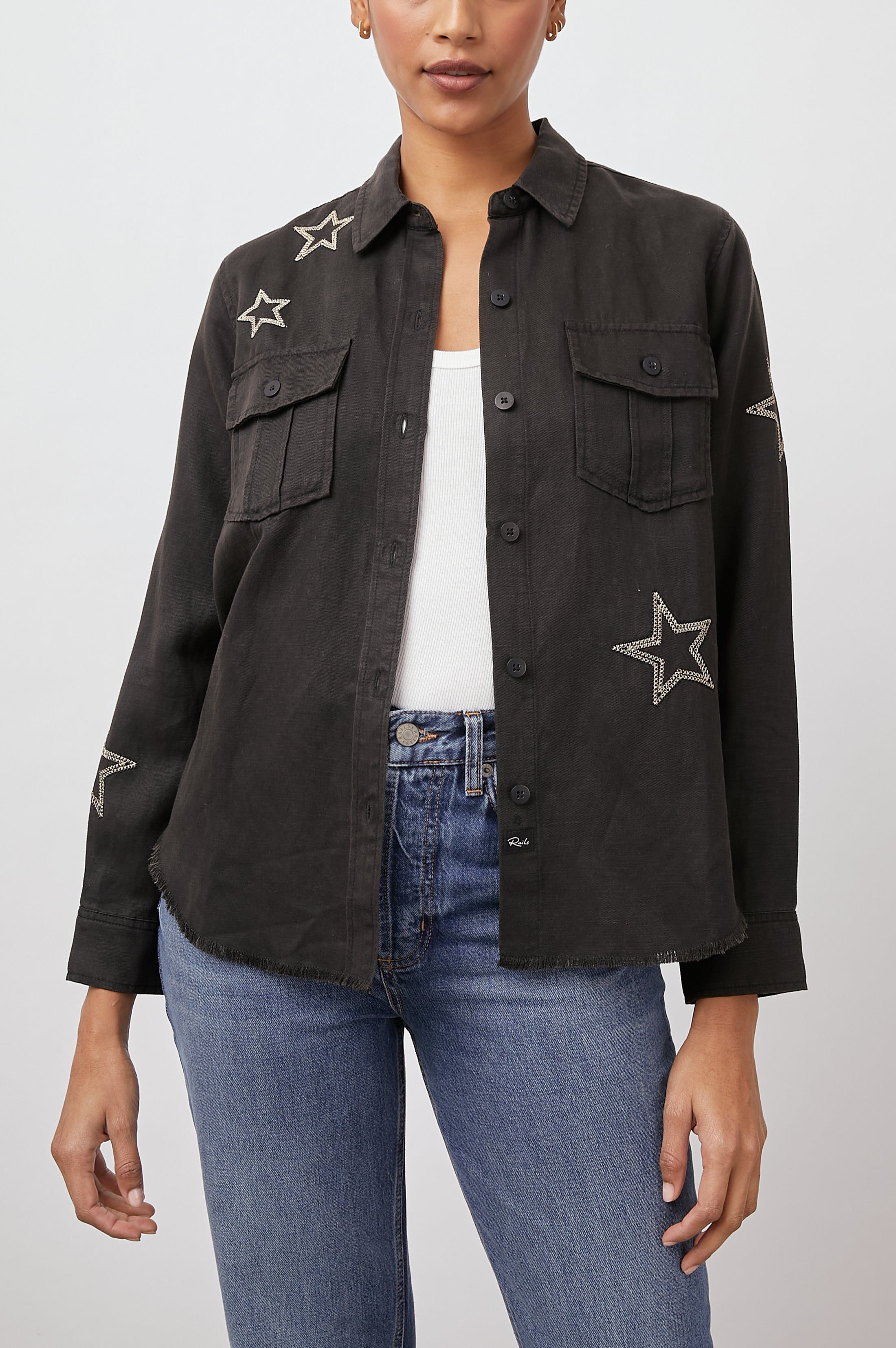 LOREN SHIRT JACKET - BLACK METALLIC STARS sold by Rails