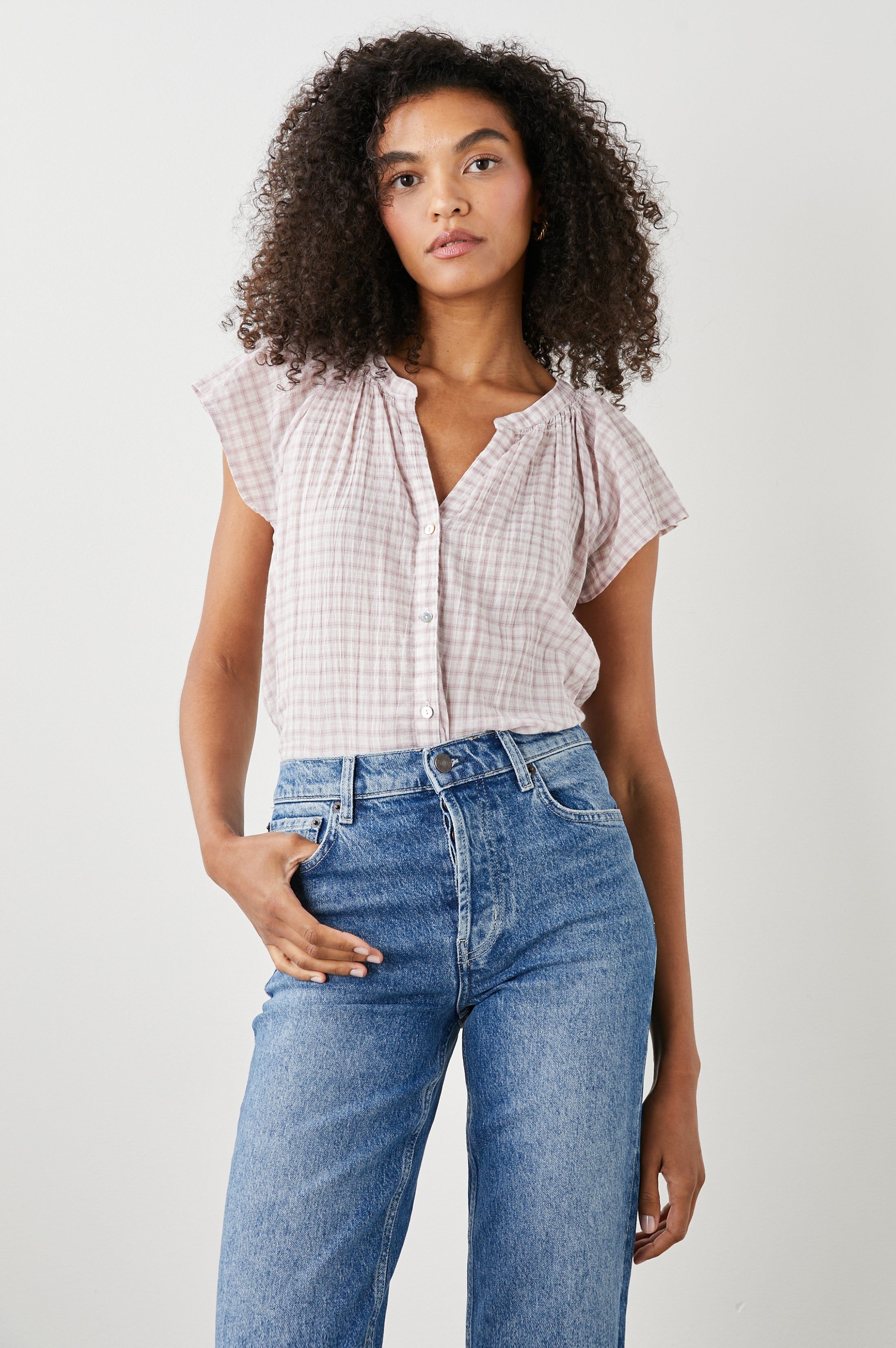 ALENA TOP - SOFT ROSE CHECK sold by Rails