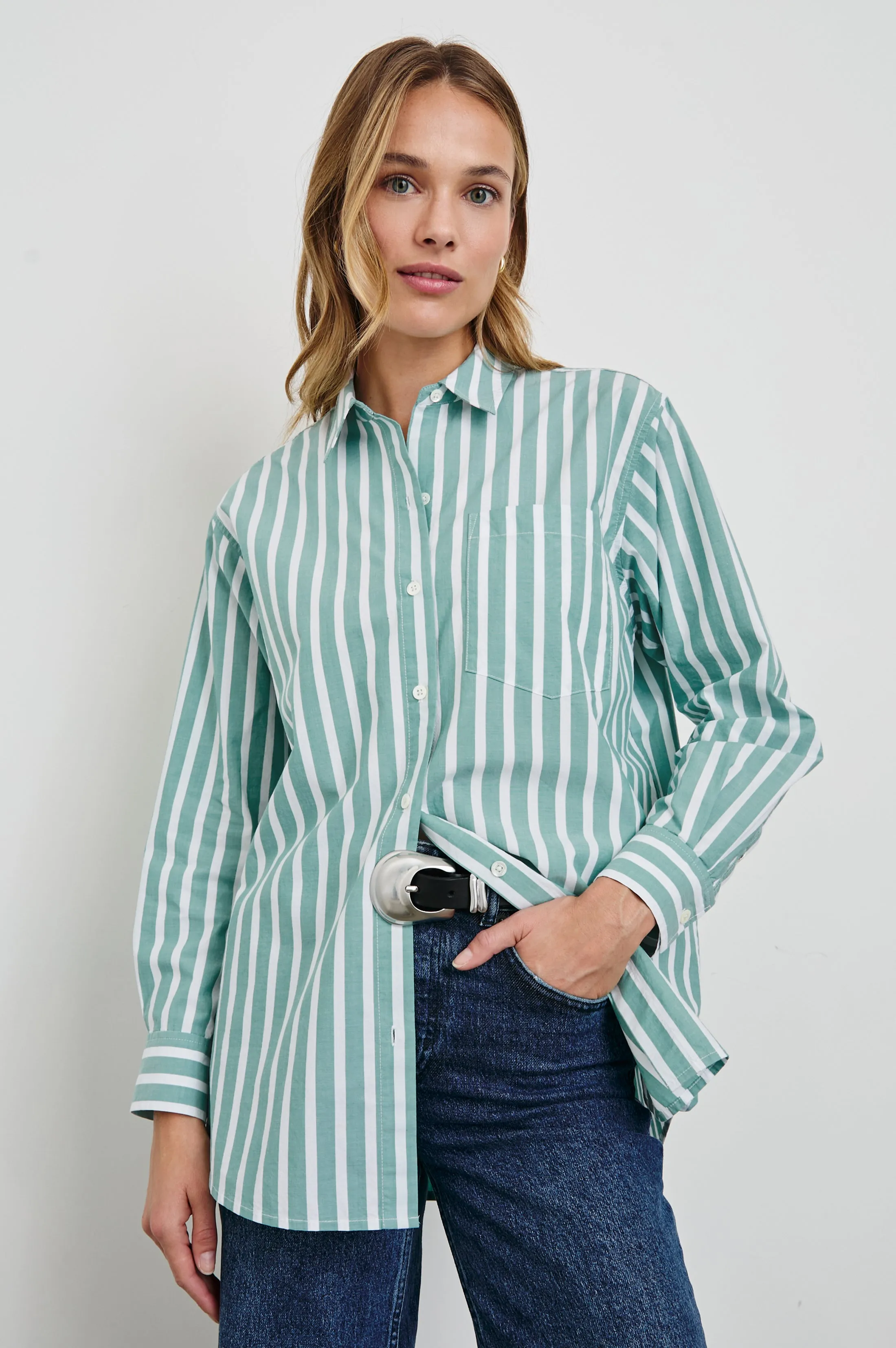 ELSA SHIRT - AGAVE WHITE STRIPE sold by Rails