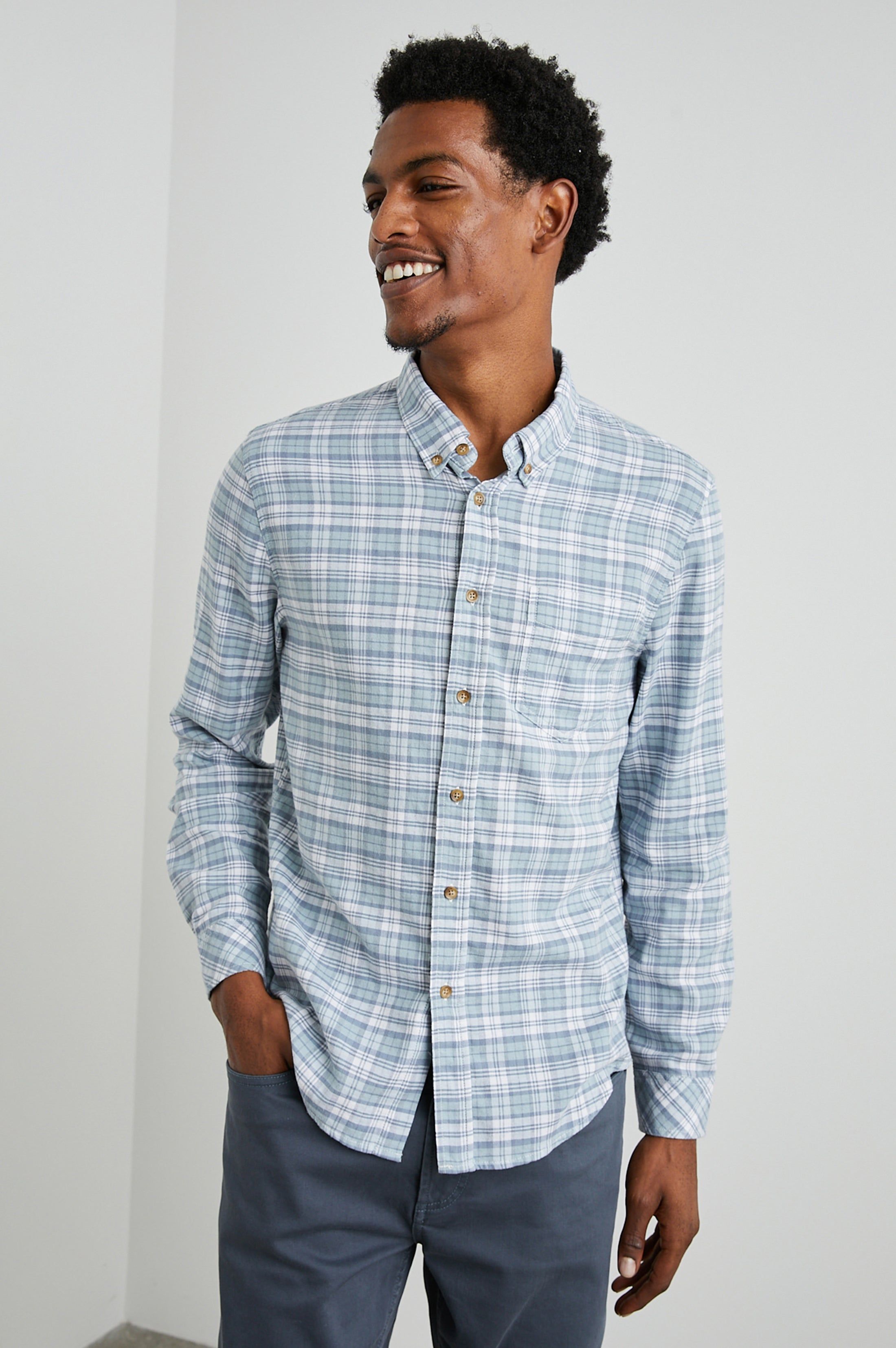 REID SHIRT - SAGE GLASS WHITE sold by Rails