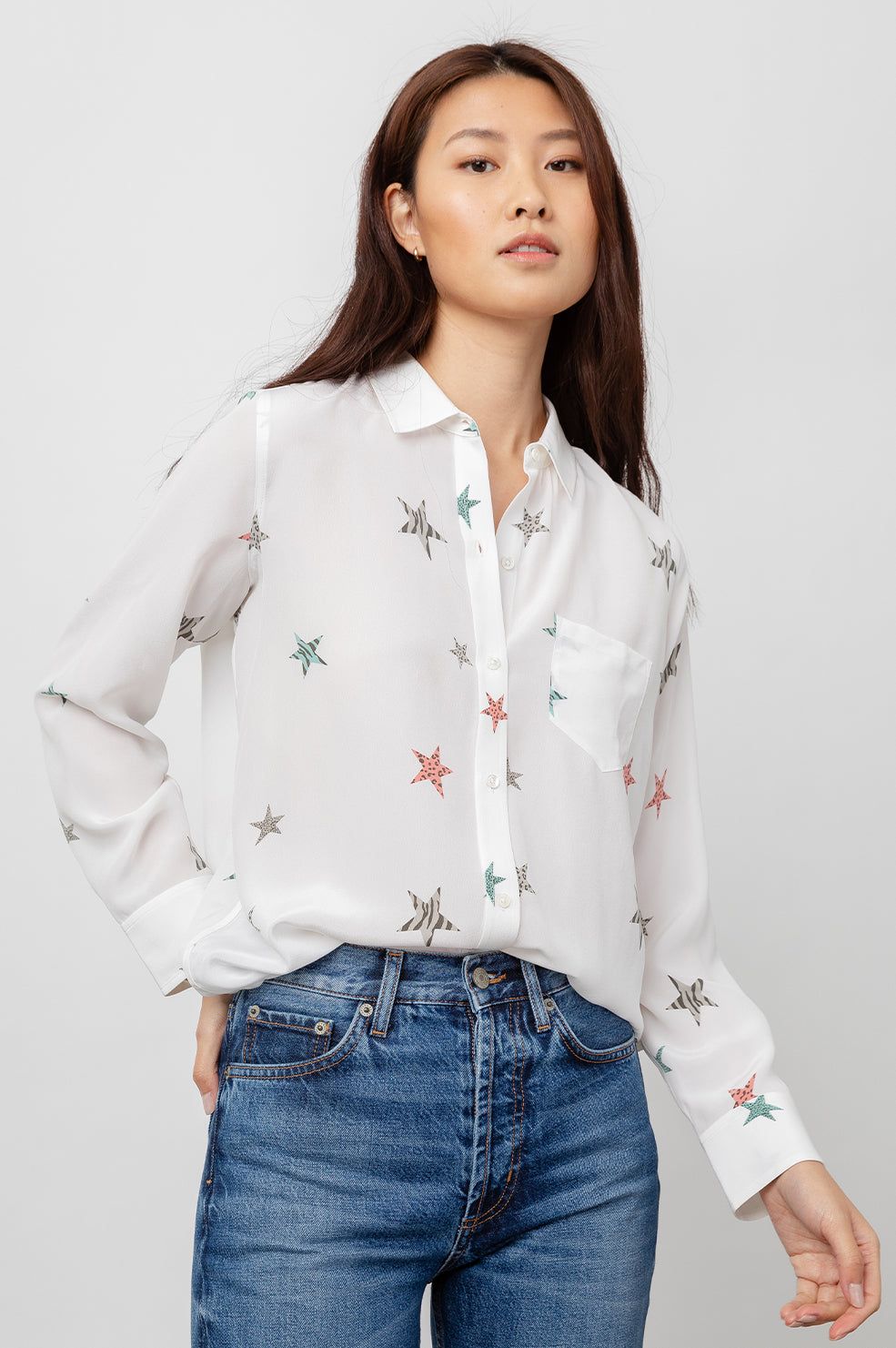 KATE SHIRT - SILK WHITE MULTI ANIMAL STARS sold by Rails